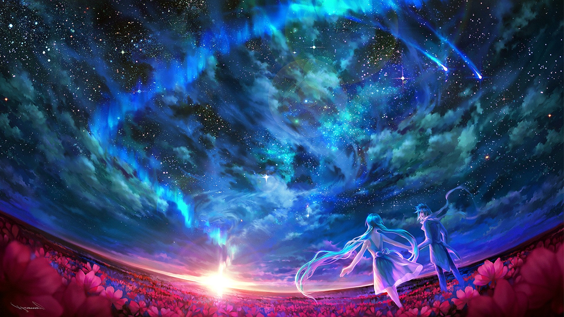 Couple in a field of flowers under a starry aurora sky HD Wallpaper
