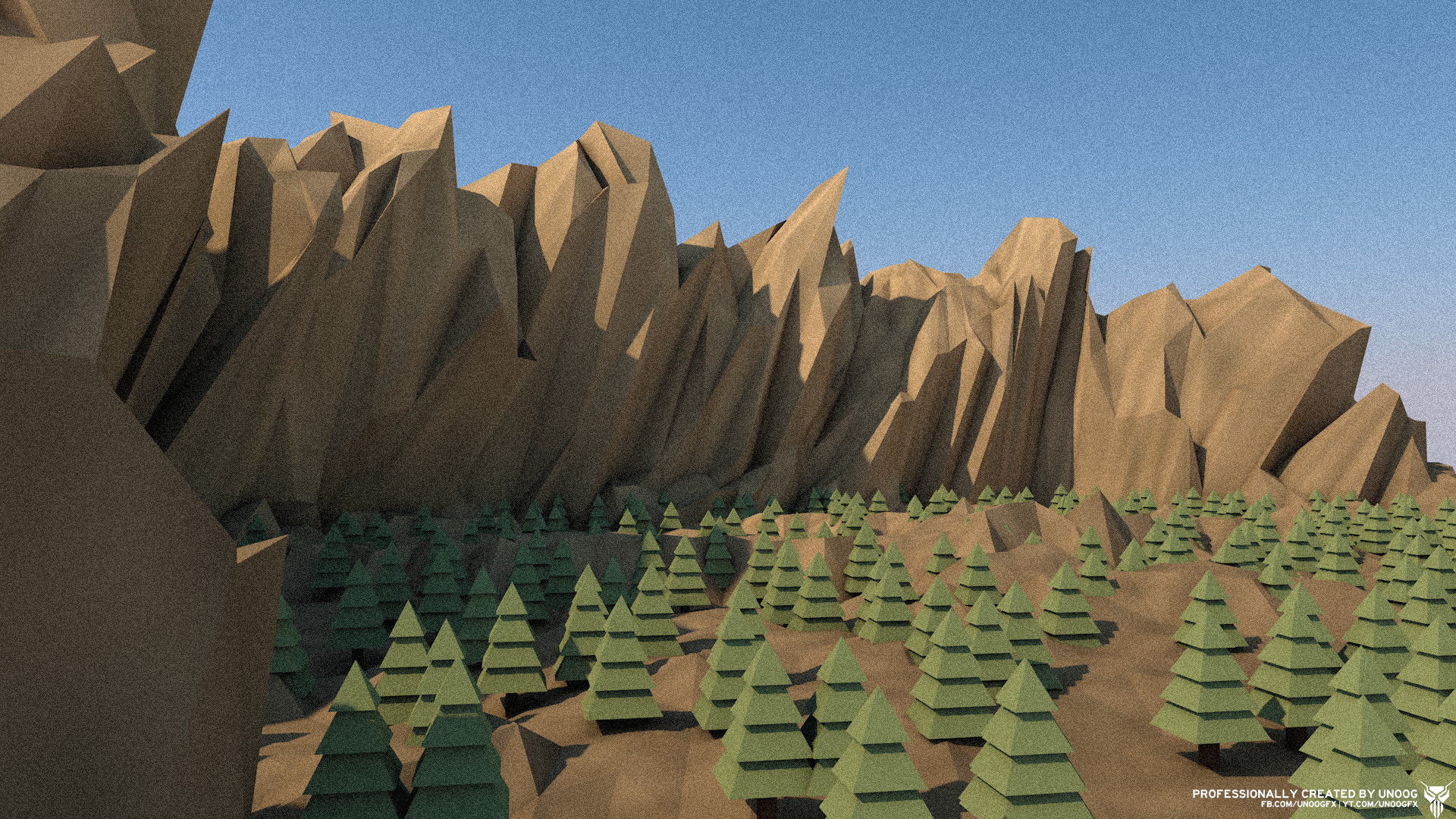 Low poly mountain landscape with pine trees HD Wallpaper