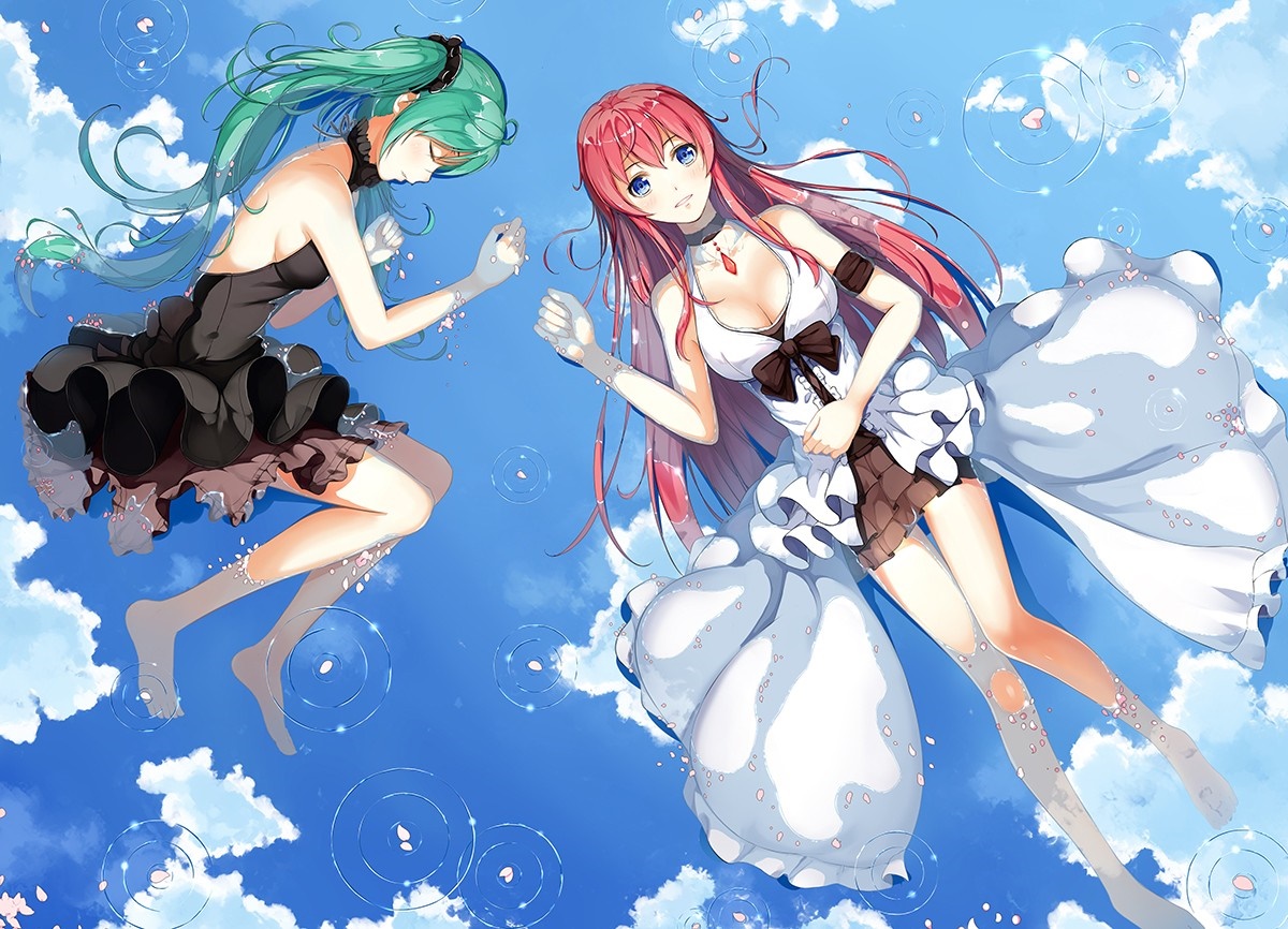 Two anime girls in dresses floating in the sky HD Wallpaper