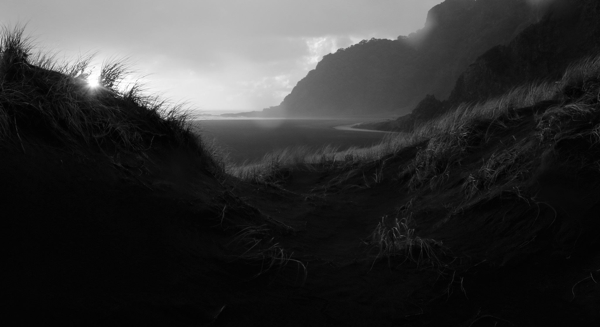 Monochrome beach with grass dunes and misty mountains at dawn HD Wallpaper