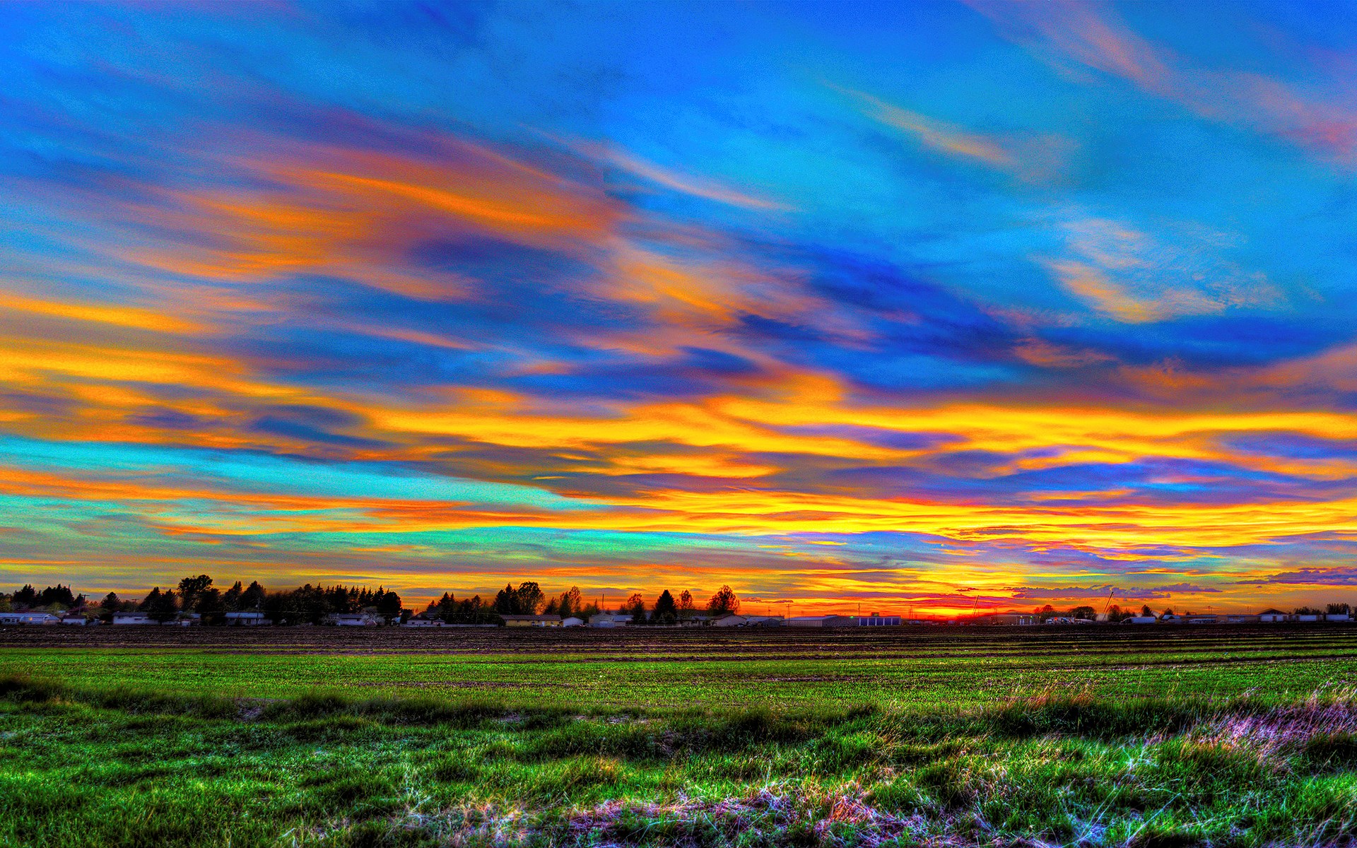 Dramatic sunset over a rural landscape with a field HD Wallpaper
