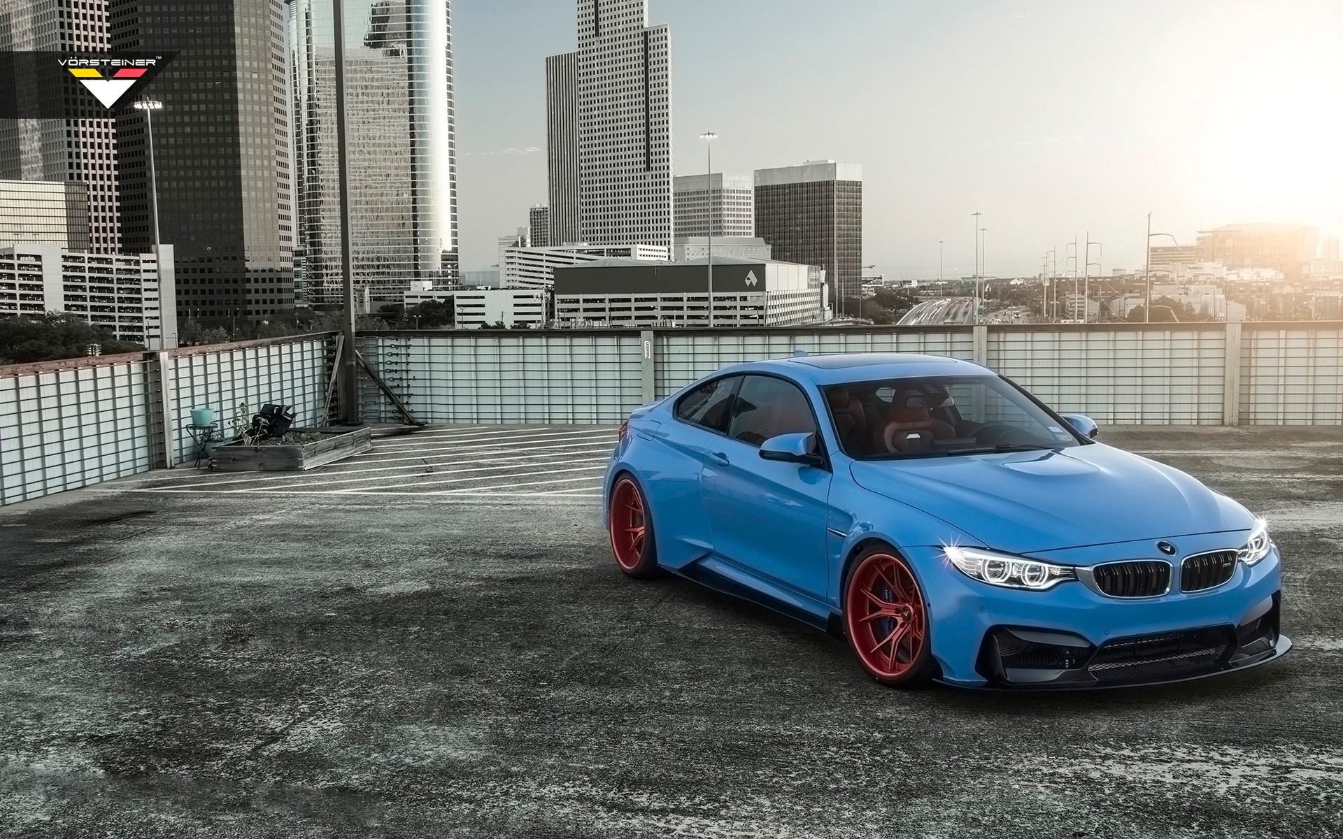 Blue BMW M4 Coupe with Red Wheels by Vorsteiner HD Wallpaper