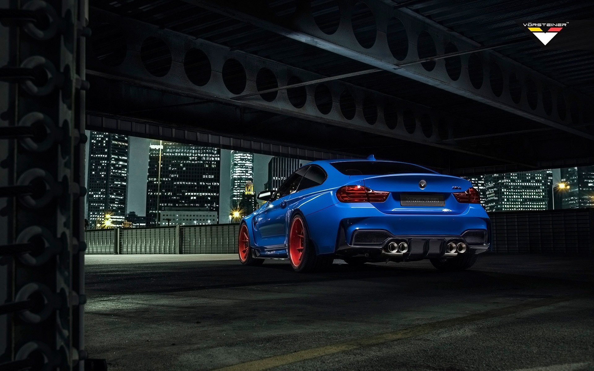 Blue BMW M4 GTRS4 with red wheels by Vorsteiner HD Wallpaper