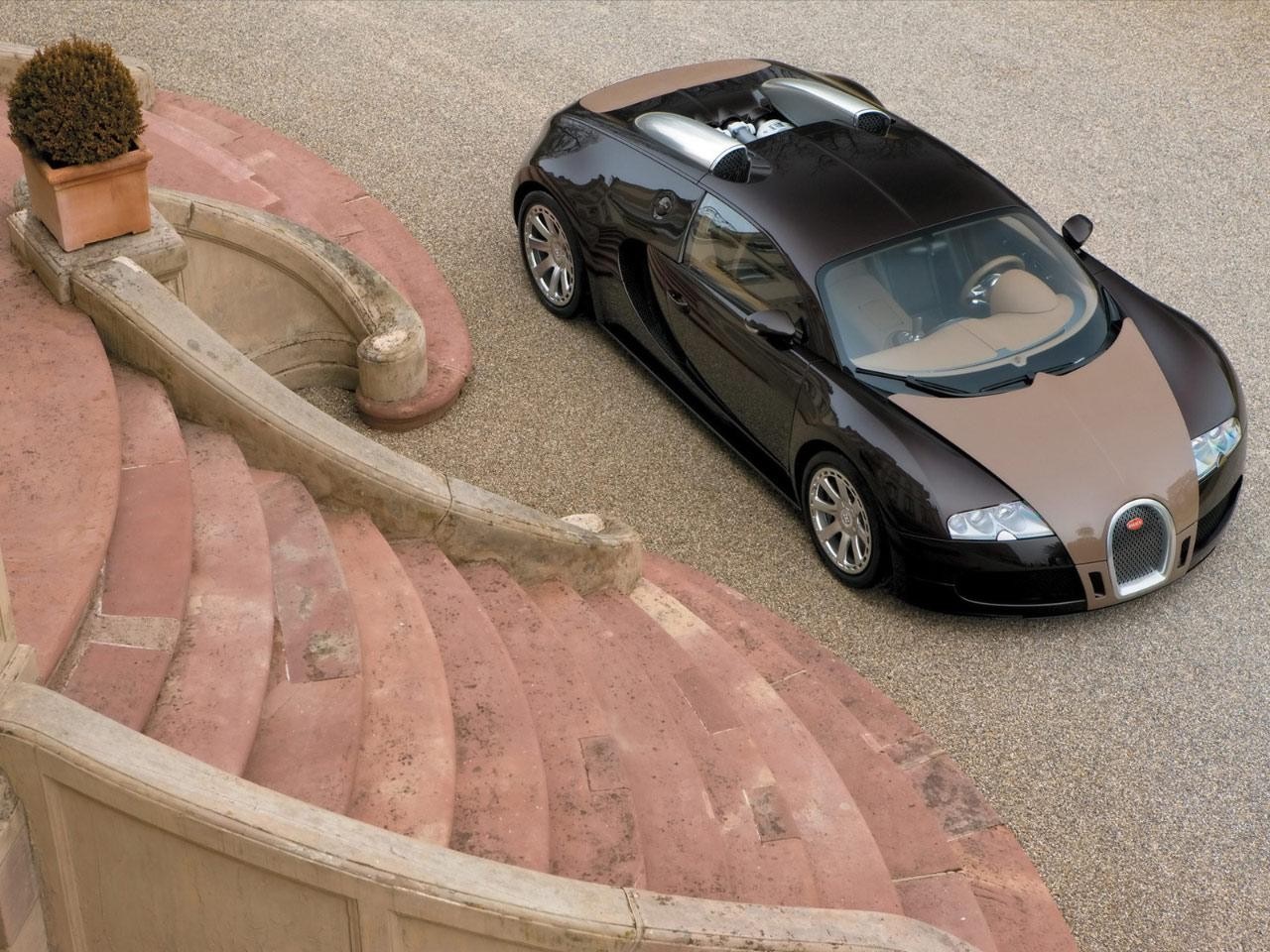 Bugatti Veyron parked near a stone staircase HD Wallpaper