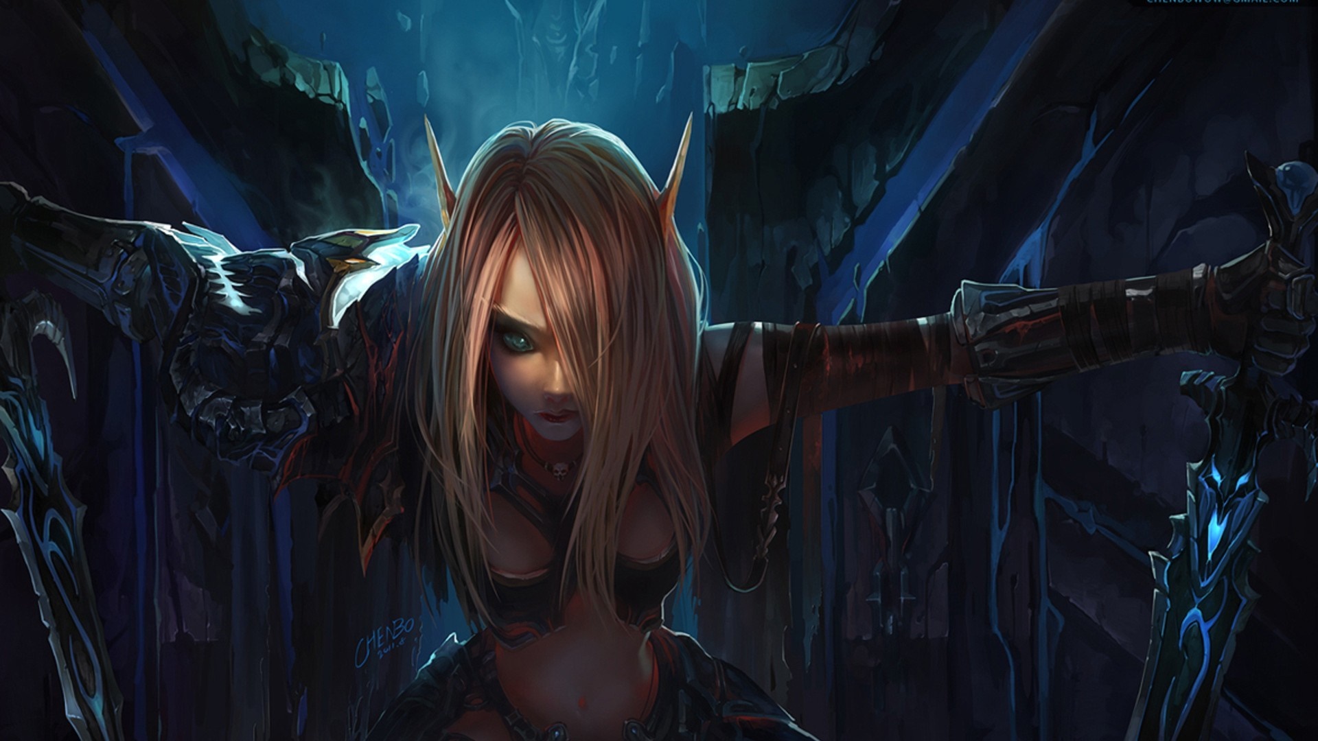 Elf warrior with swords in dark fantasy setting HD Wallpaper