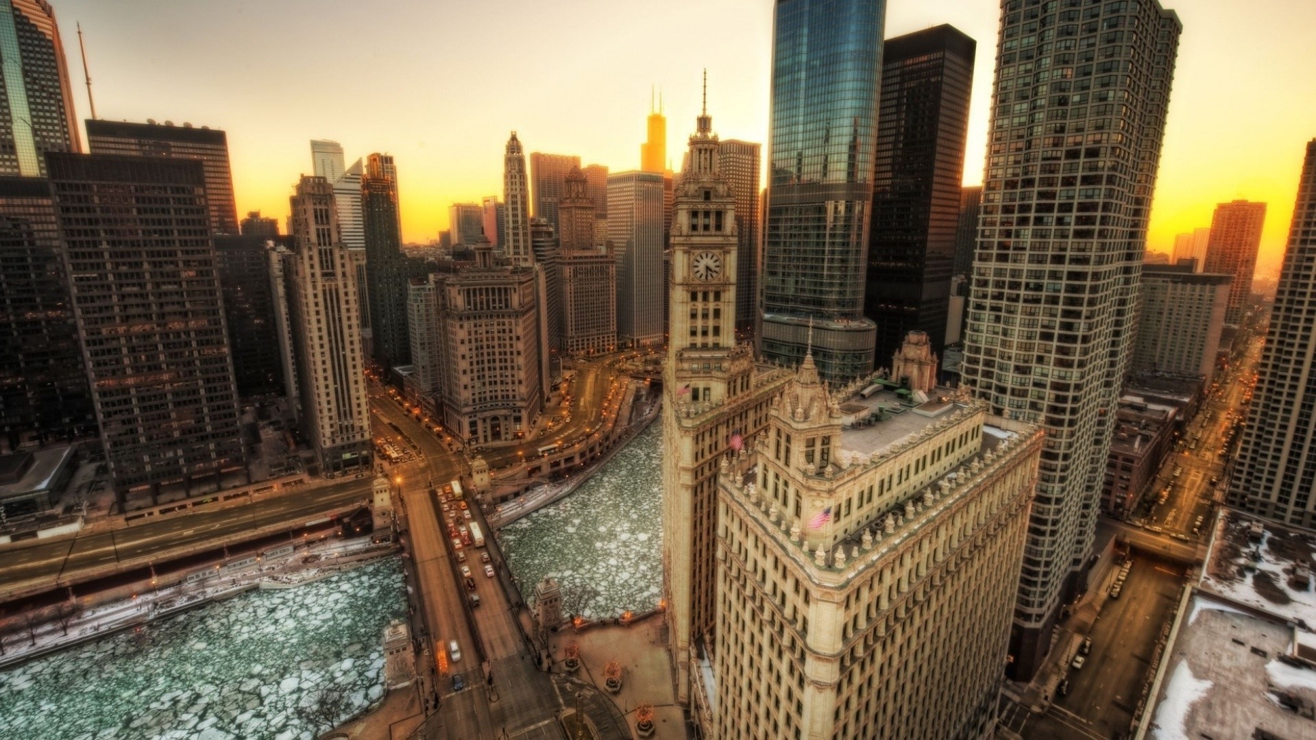 Chicago cityscape with frozen river at sunset HD Wallpaper