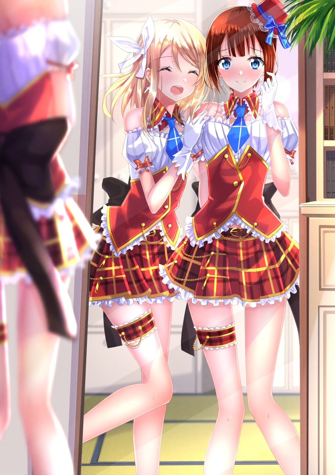 Anime girls in matching idol costumes looking in a mirror HD Wallpaper