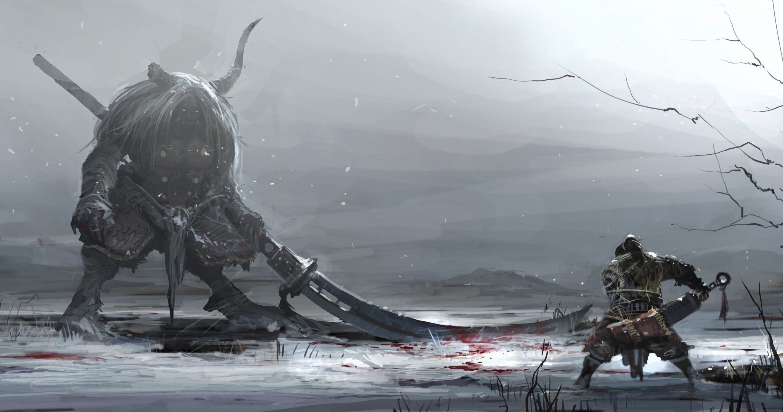 Giant horned warrior with sword fights a warrior in snow HD Wallpaper