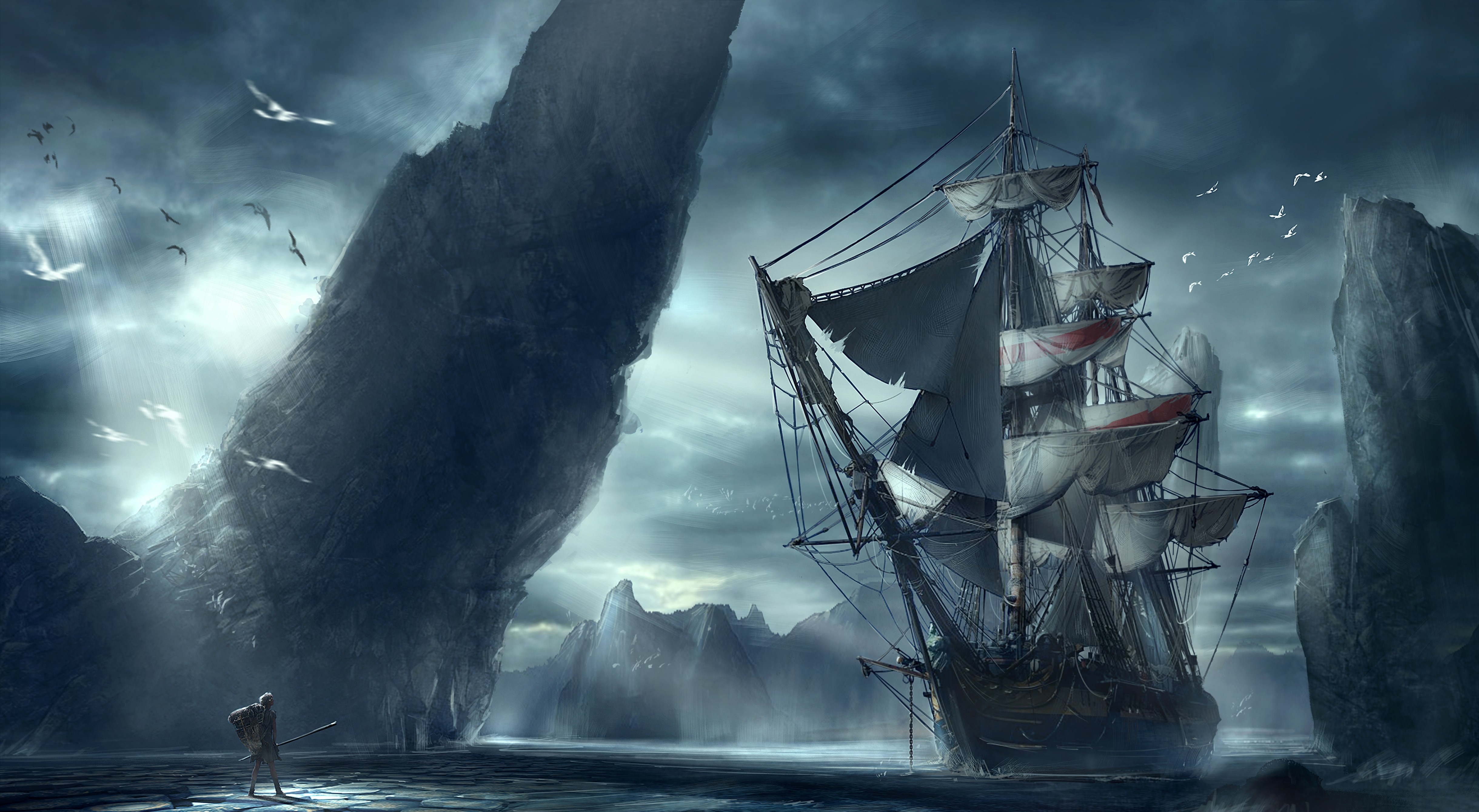 Sailing ship near rocky cliffs under a stormy sky HD Wallpaper