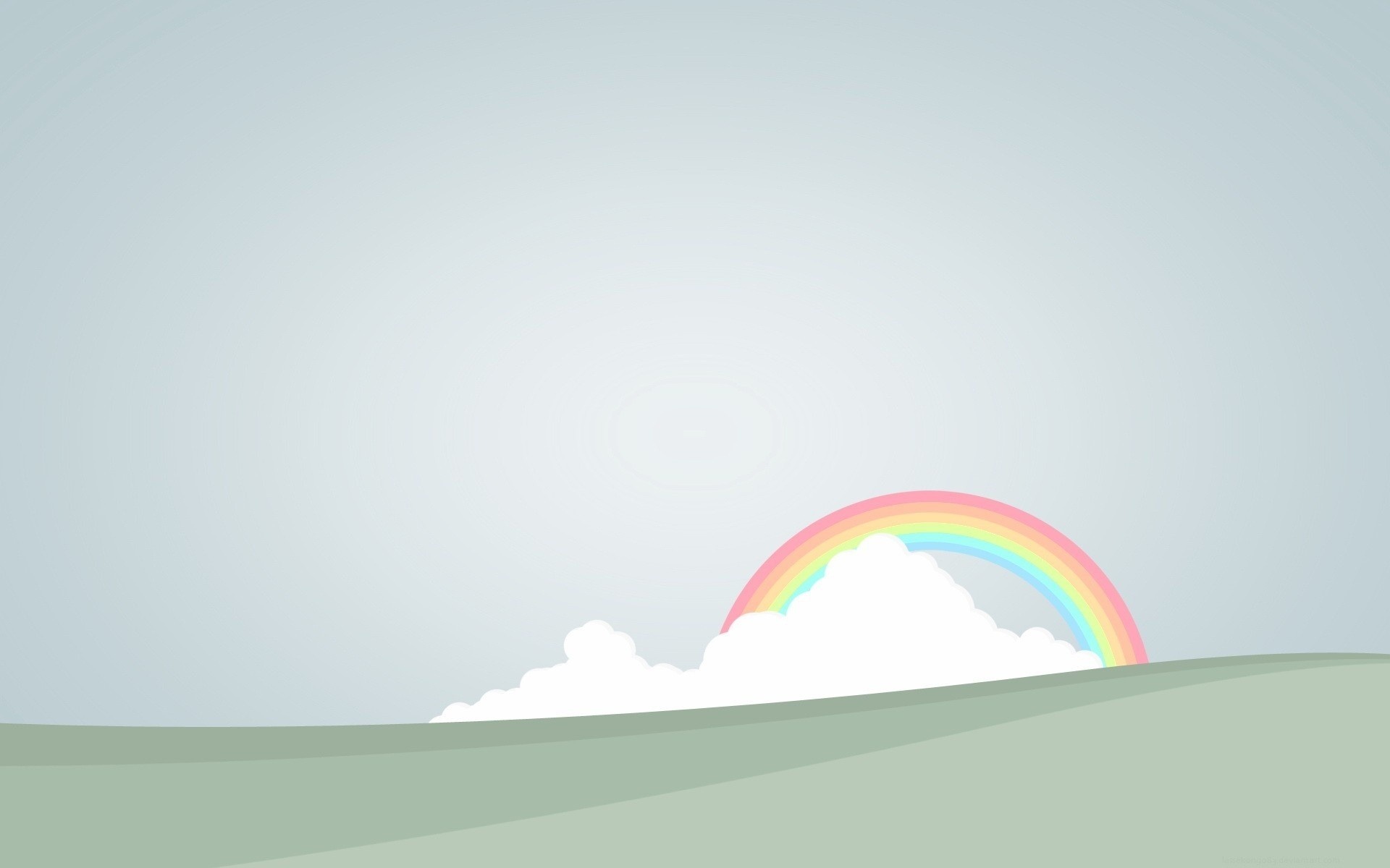 Minimalist rainbow over green hills and clouds HD Wallpaper