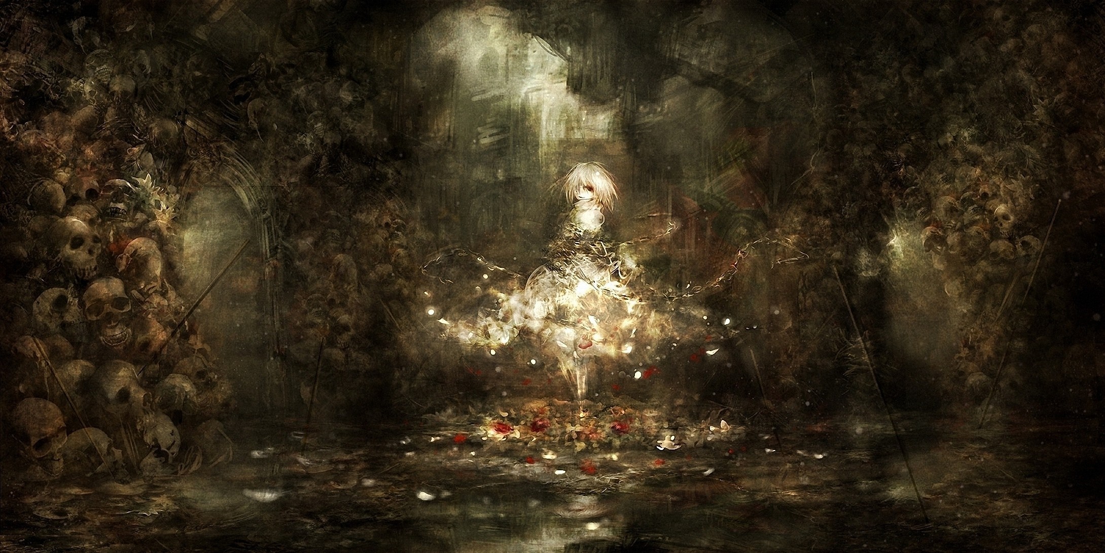 A girl in a dark, skull-filled cave with light illuminating her HD Wallpaper