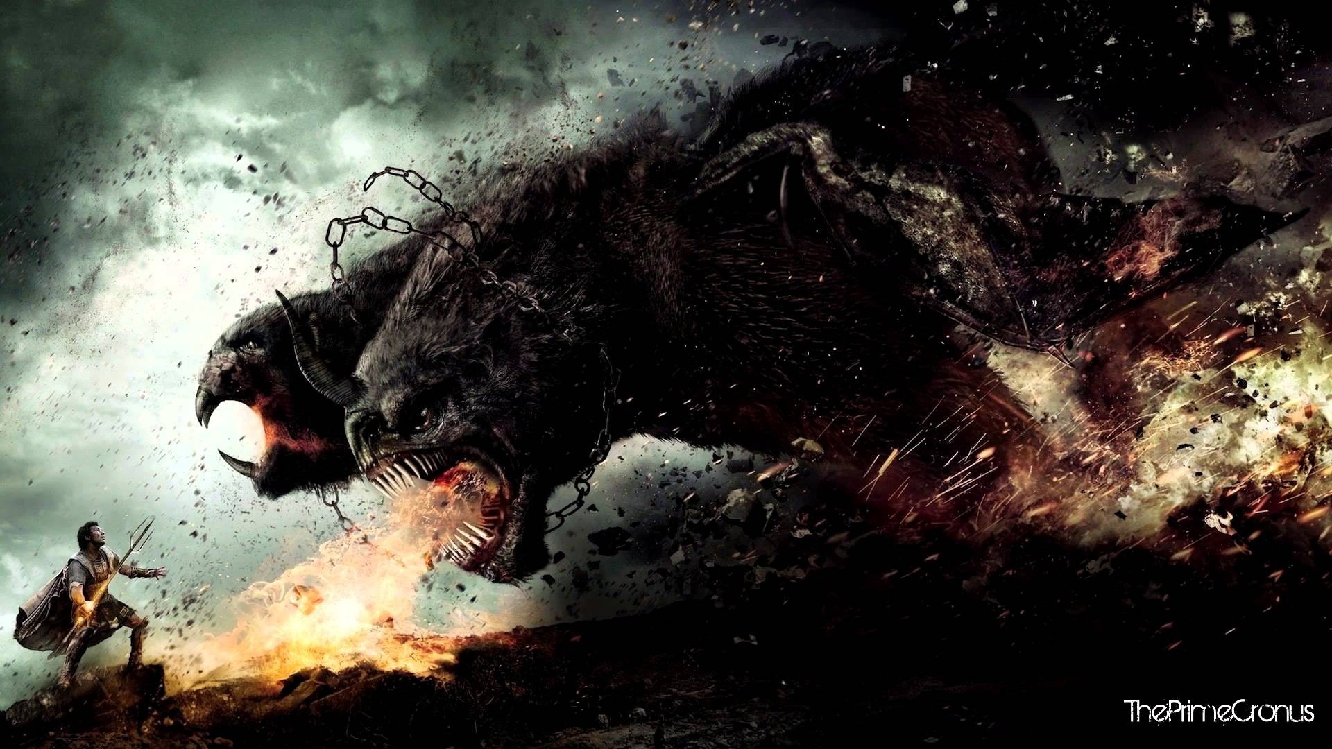 Man fighting a chained monster with fire and explosions HD Wallpaper
