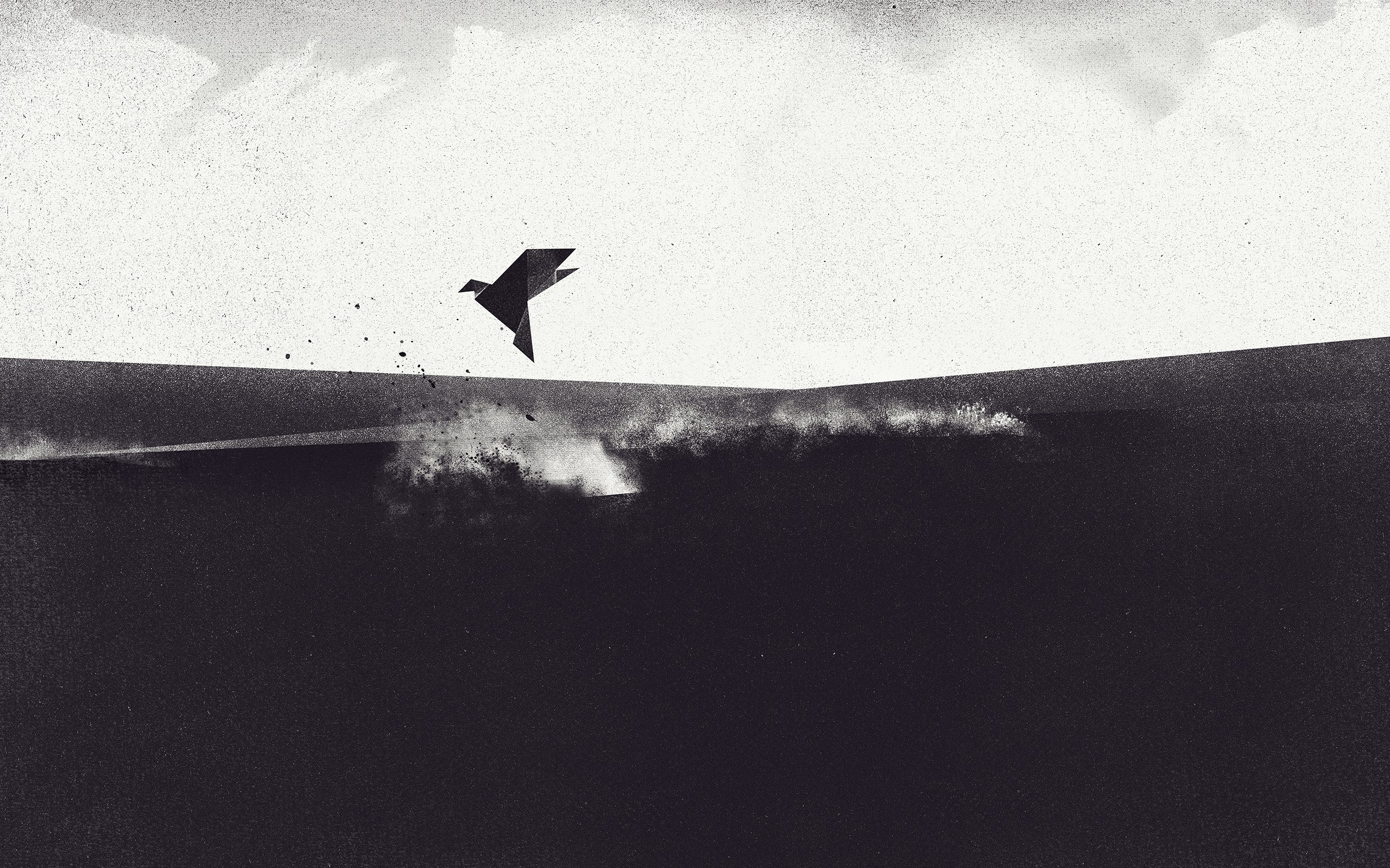 Origami bird flying over a dark wave HD Wallpaper
