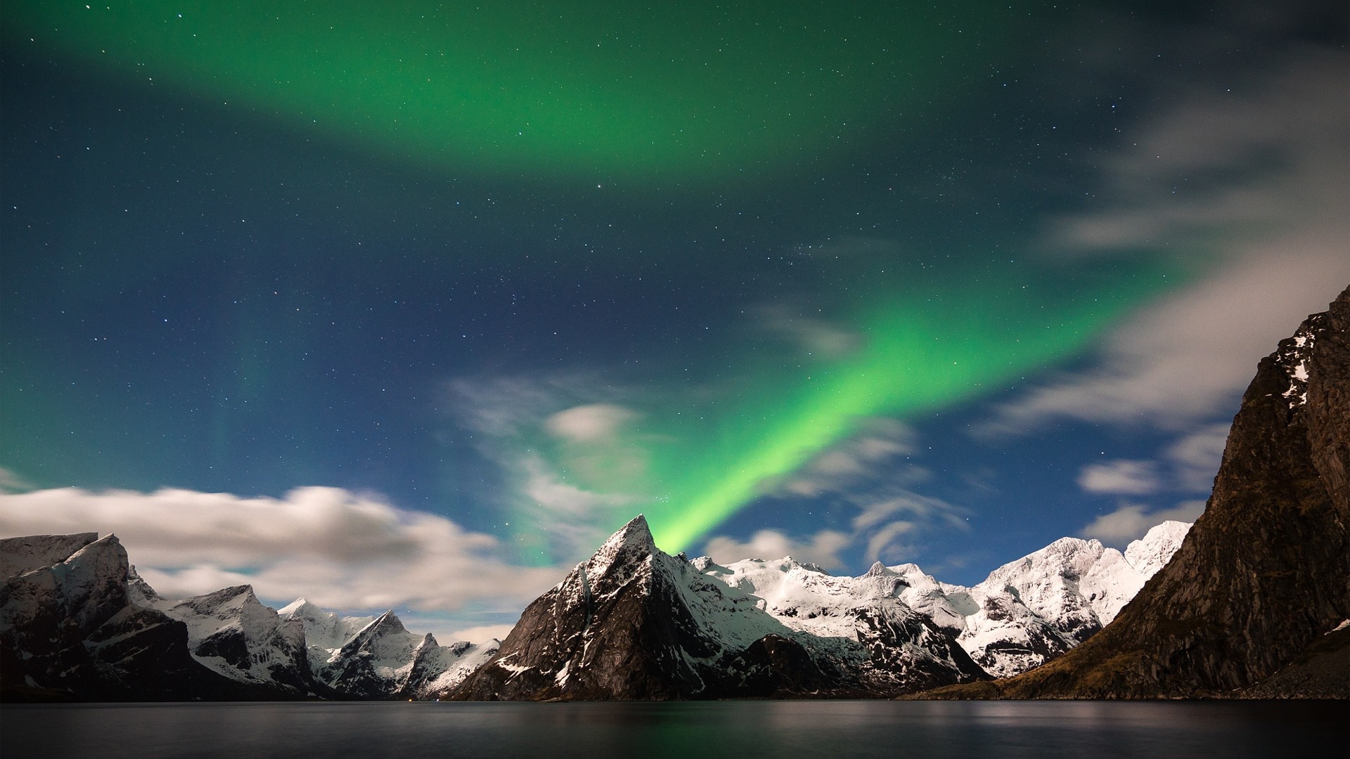 Aurora Borealis over snow-capped mountains and lake HD Wallpaper