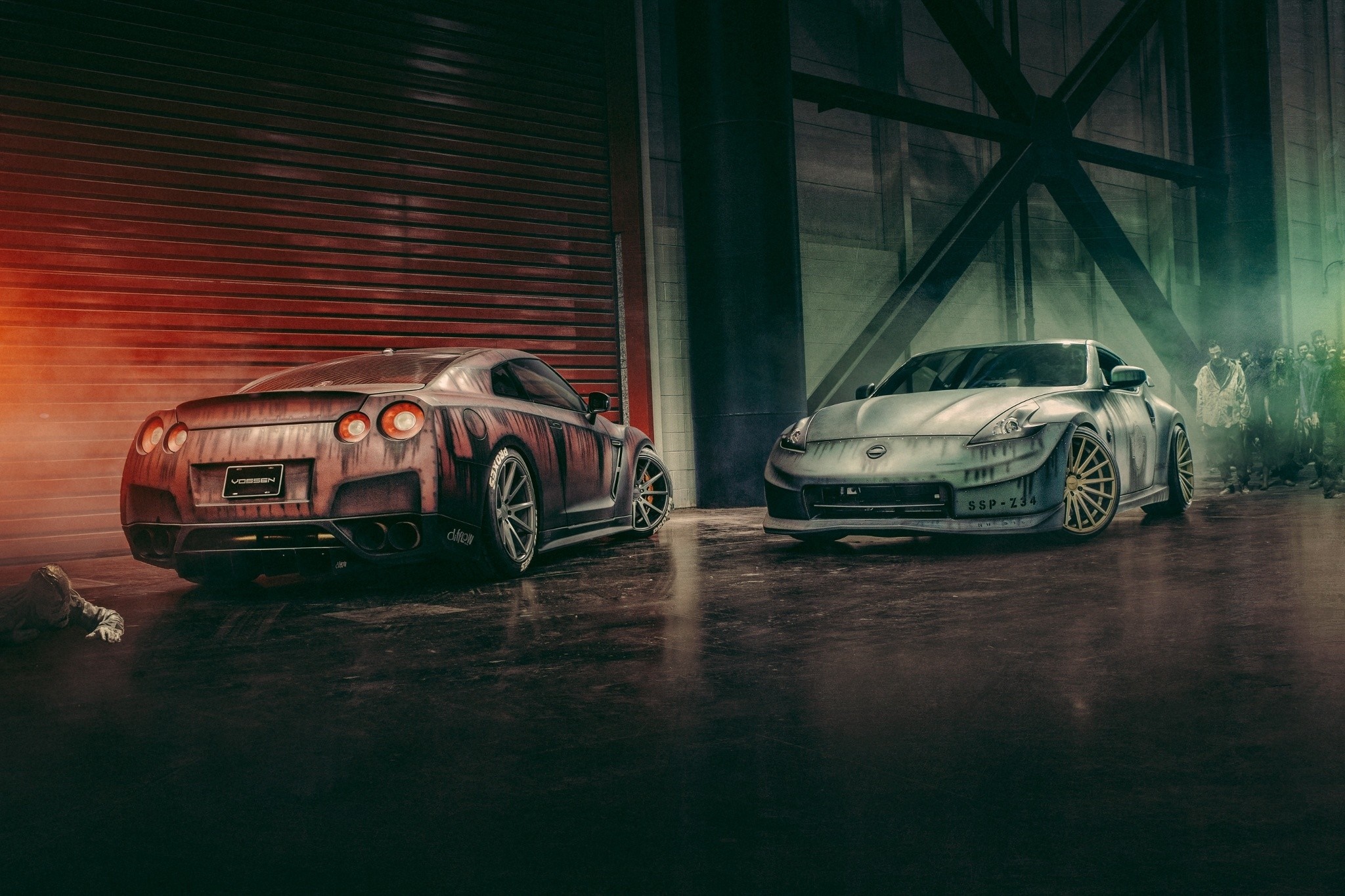 Nissan GT-R and 370Z with zombies HD Wallpaper
