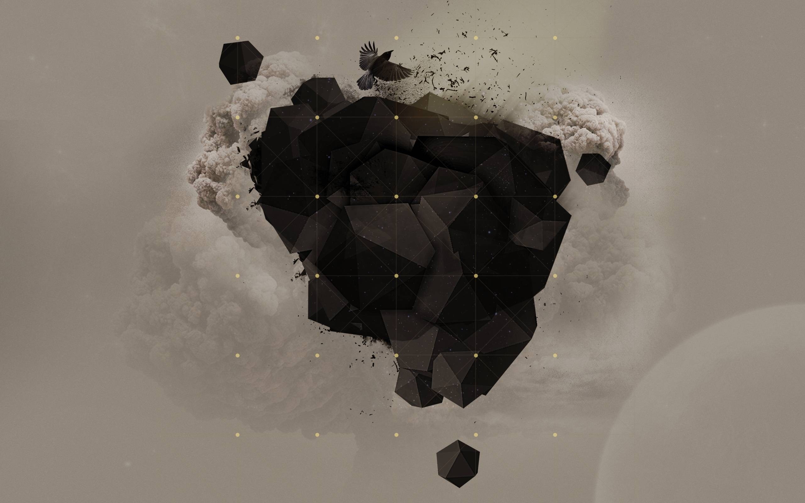 Abstract black geometric shapes and smoke with a bird HD Wallpaper