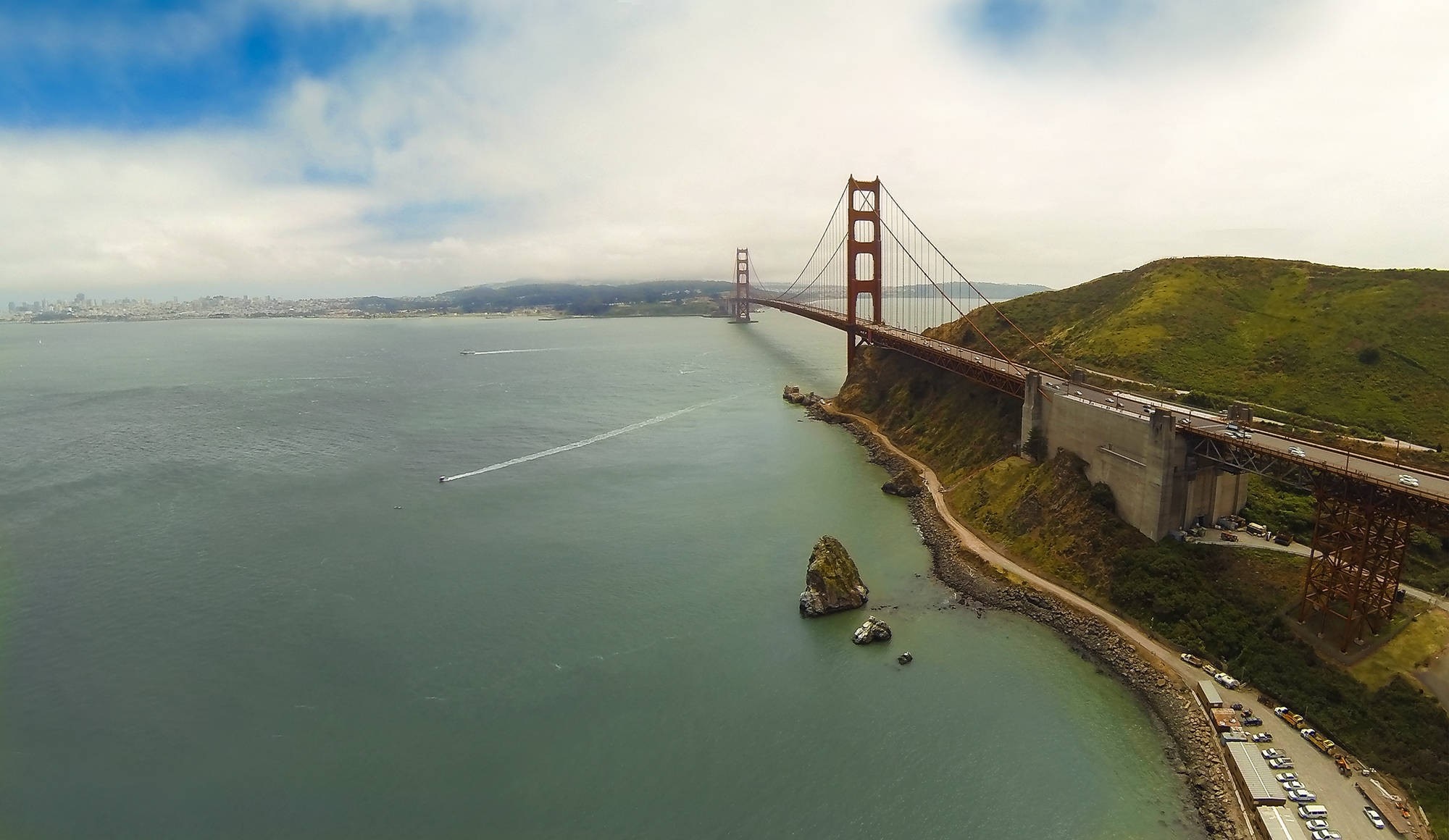 Golden Gate Bridge aerial view over the bay HD Wallpaper