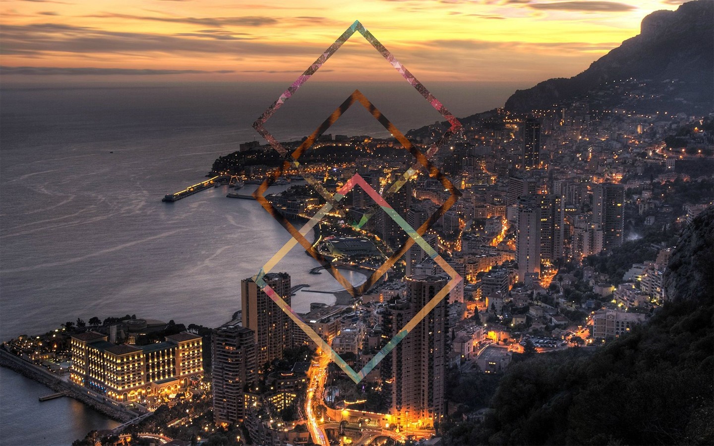 Cityscape at dusk with geometric overlays HD Wallpaper