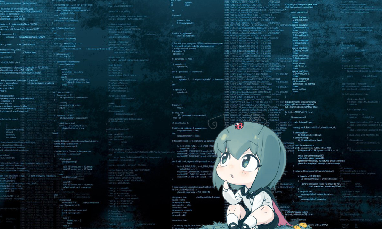 Anime girl with ladybug on head and code HD Wallpaper