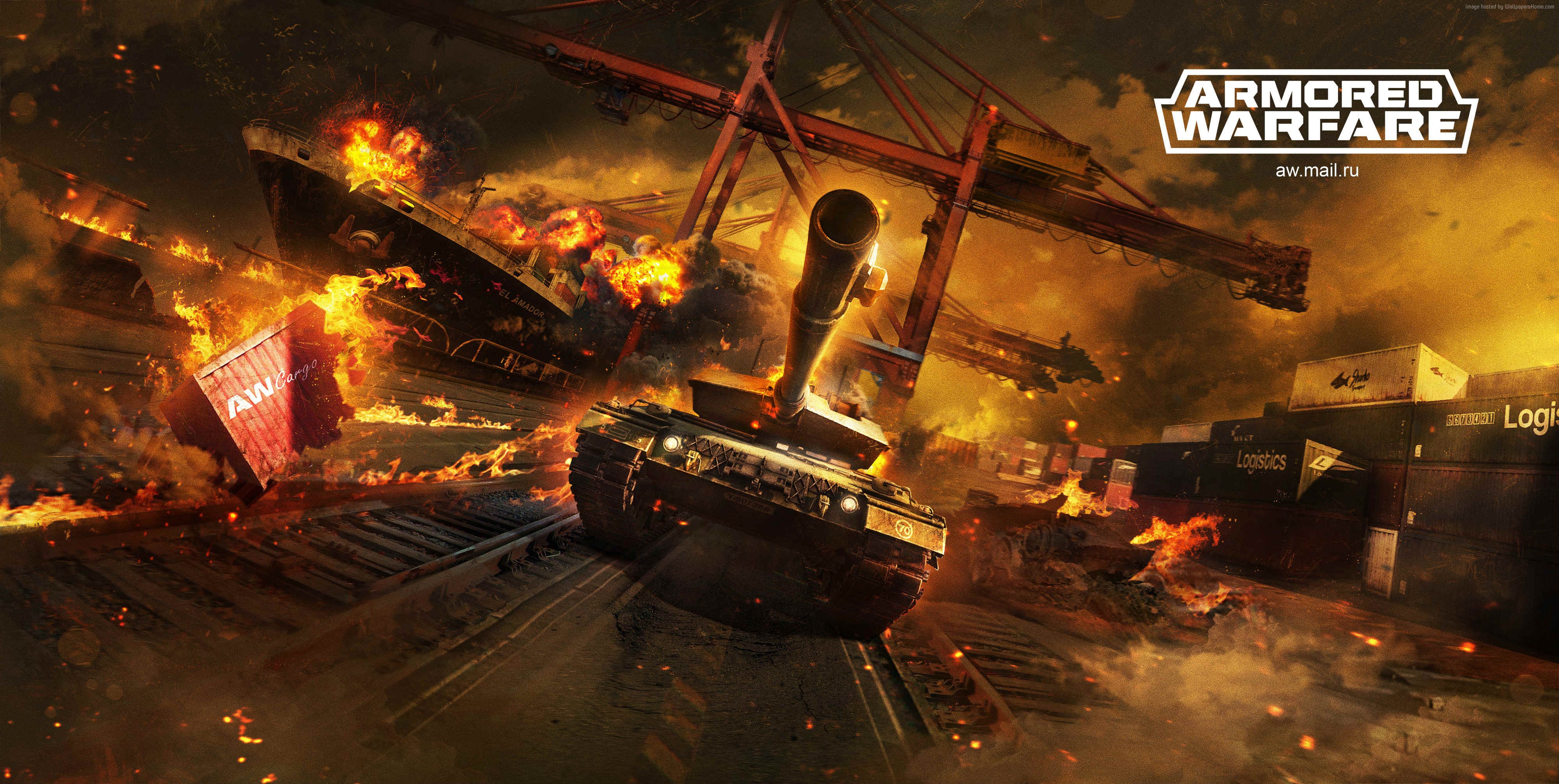 Armored Warfare game scene with burning ships and tank HD Wallpaper