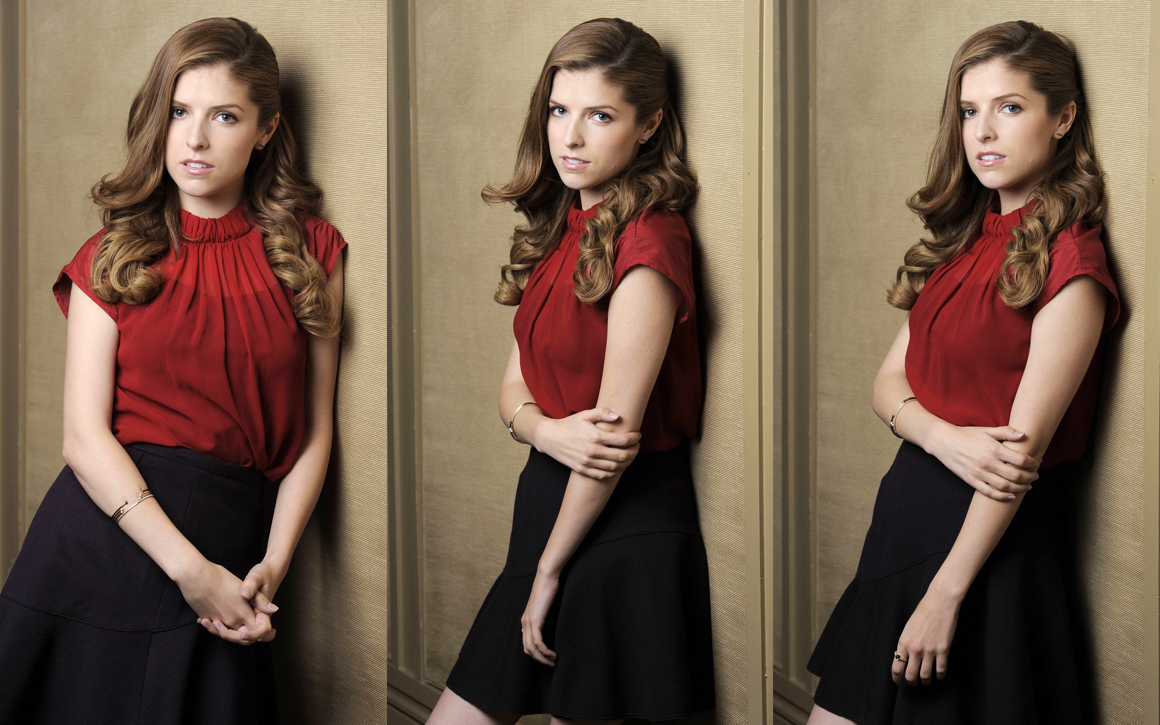 Anna Kendrick in red blouse and black skirt HD Wallpaper