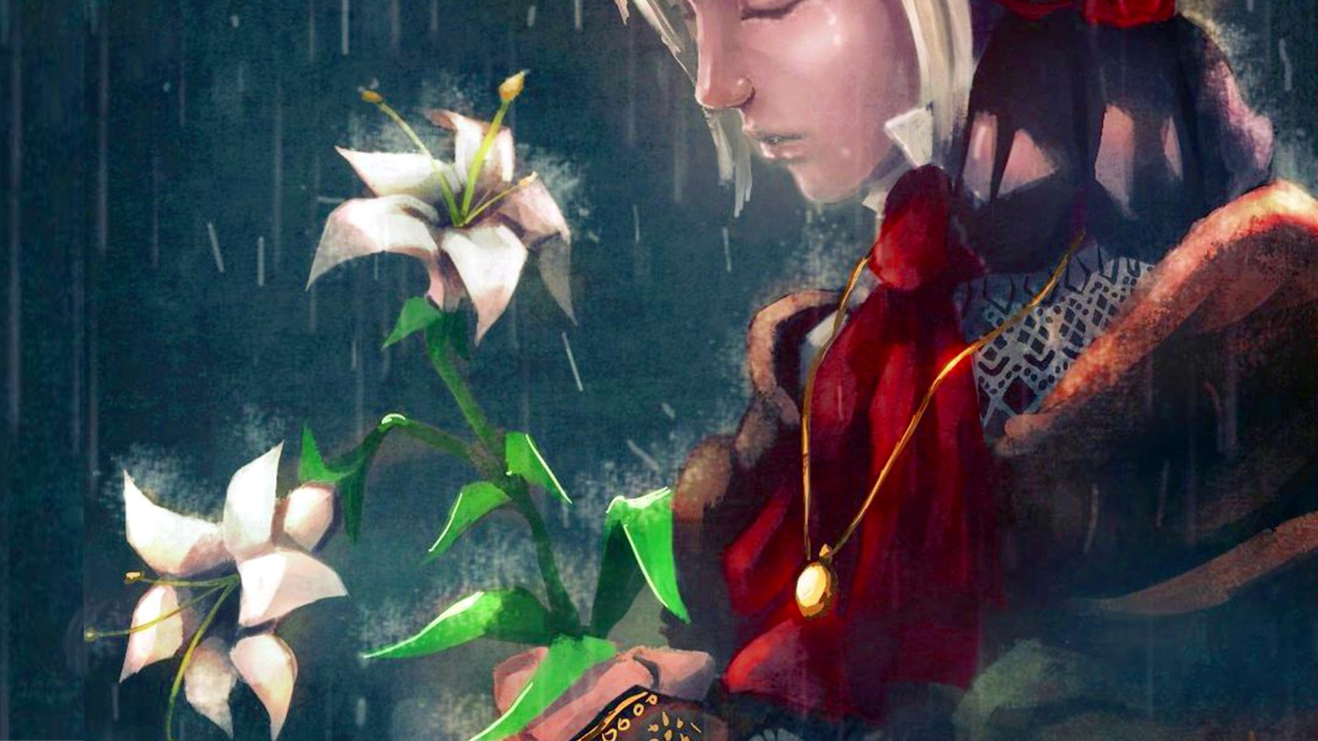 Painting of a woman holding lilies in the rain HD Wallpaper