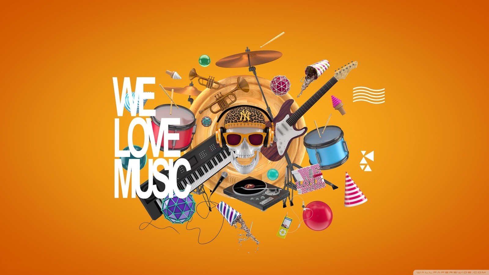 We Love Music illustration with musical instruments HD Wallpaper