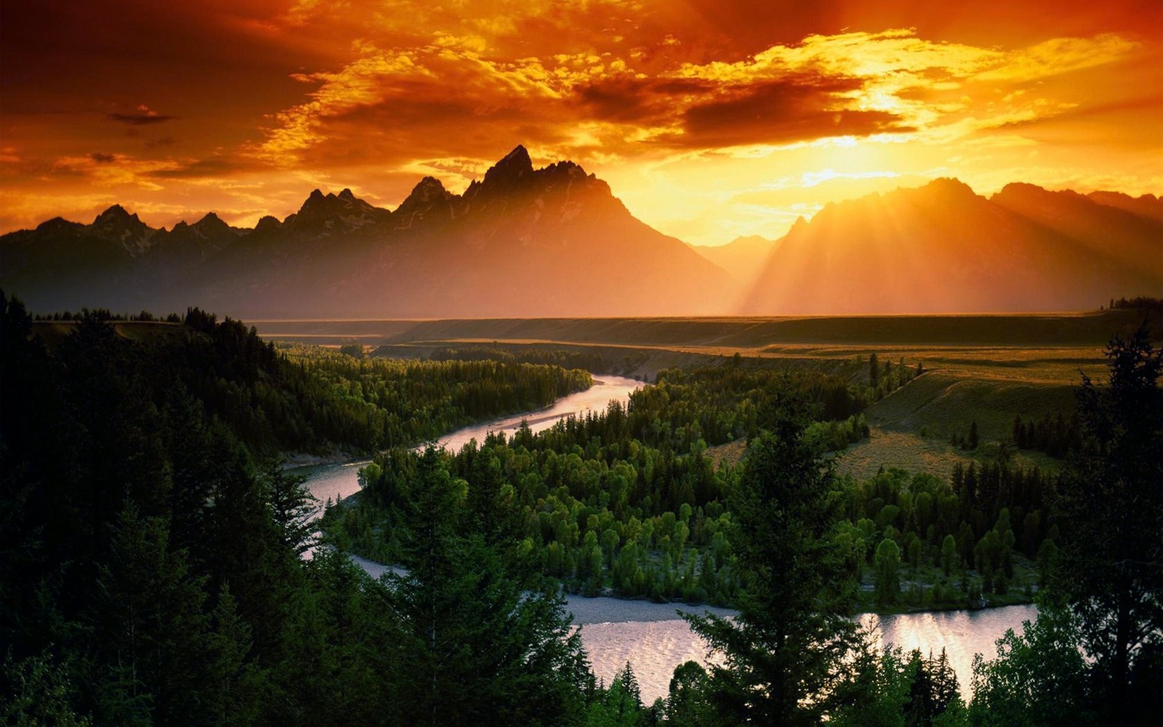 Sunset over mountains and river valley HD Wallpaper