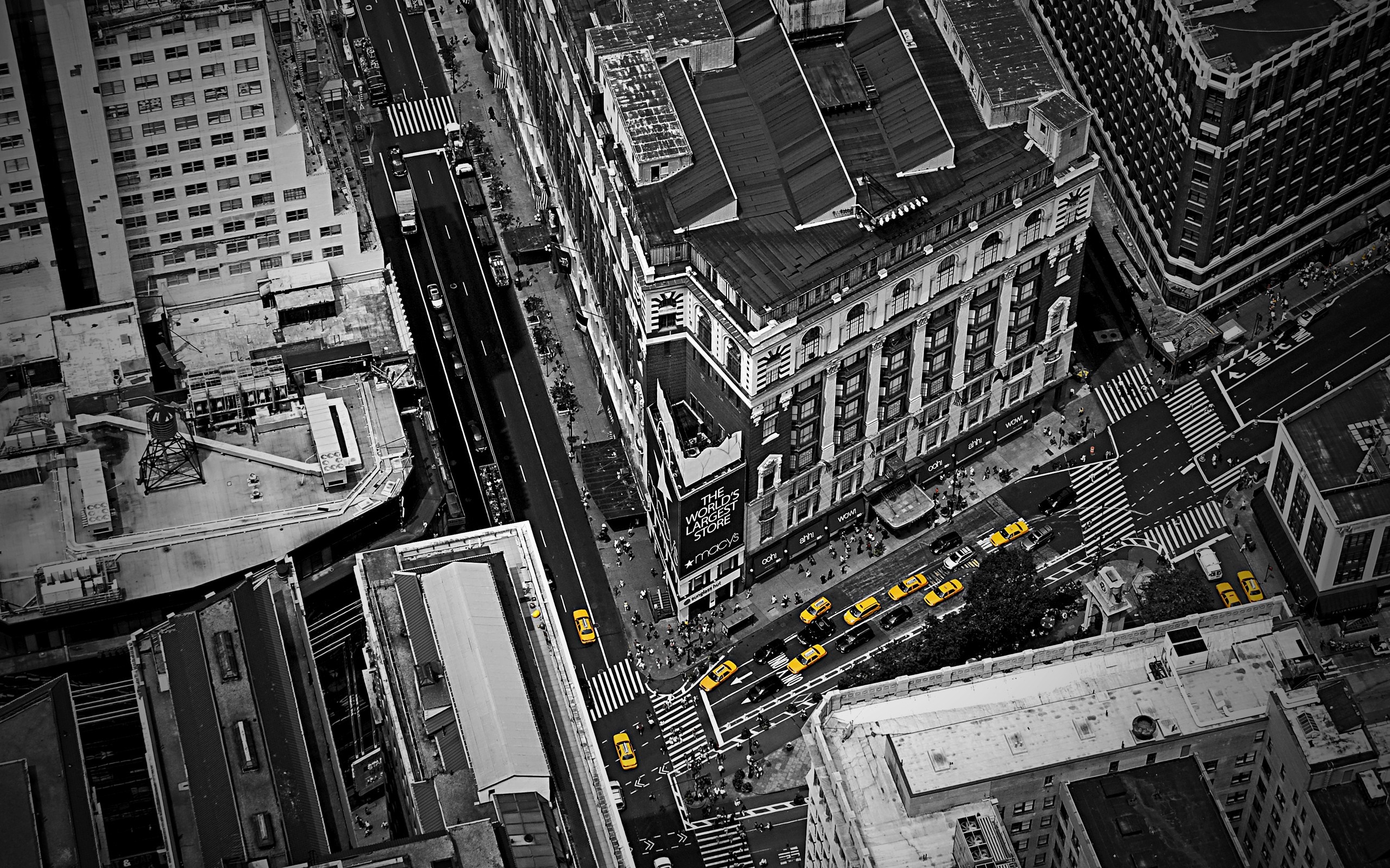 Aerial view of New York City street with yellow taxis HD Wallpaper
