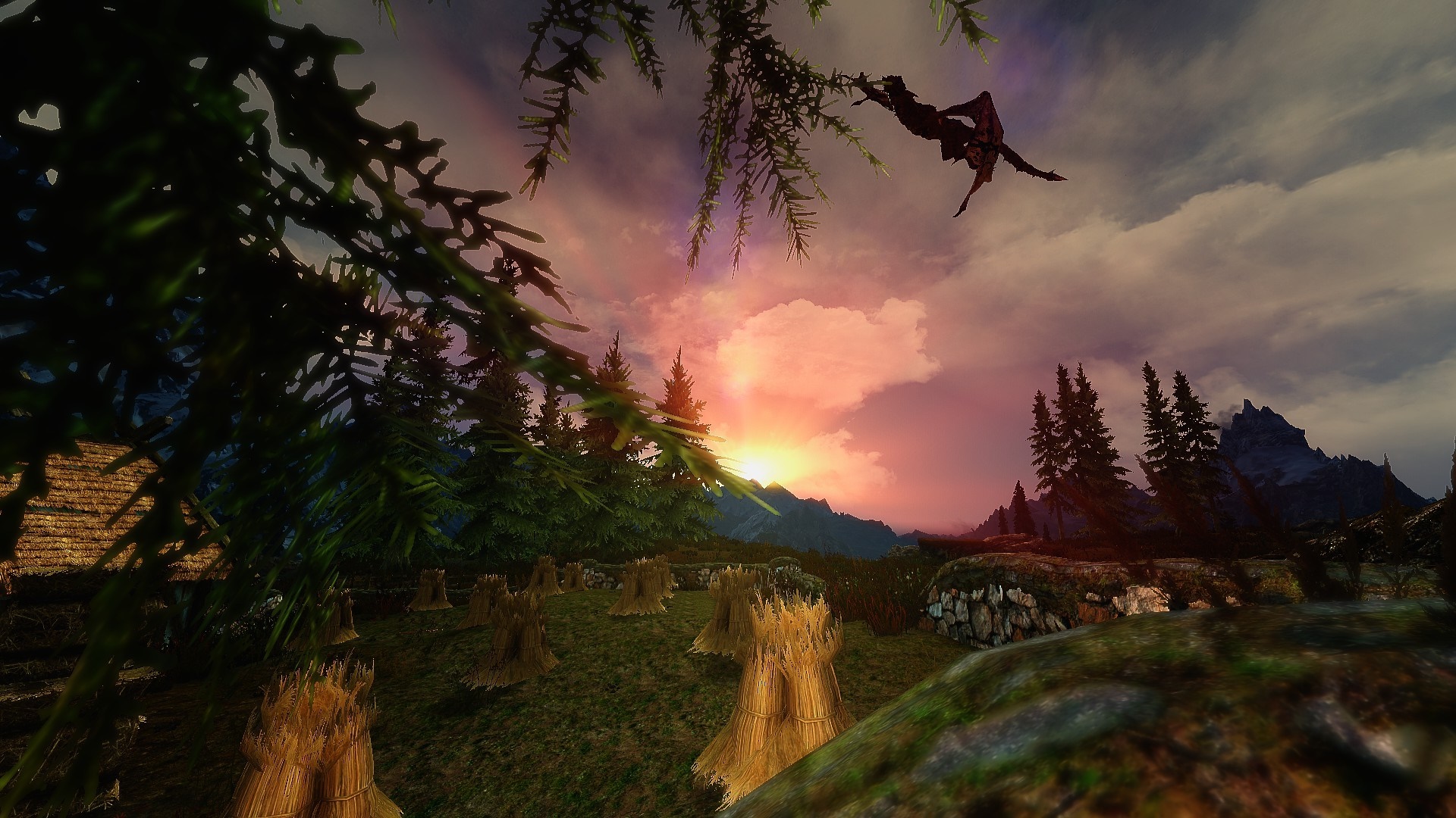 Dragon flying over a field at sunset in Skyrim HD Wallpaper