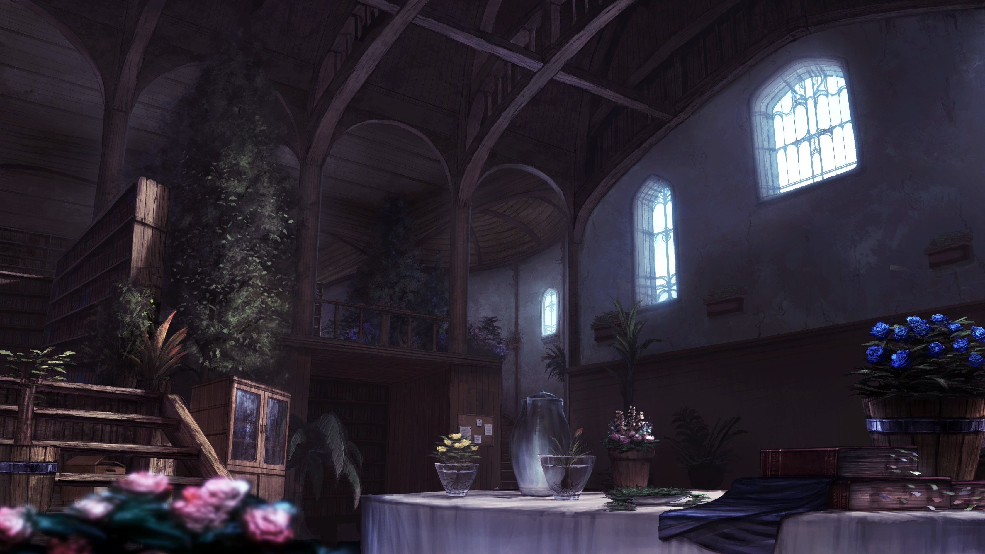 Interior of a building with plants and flowers HD Wallpaper