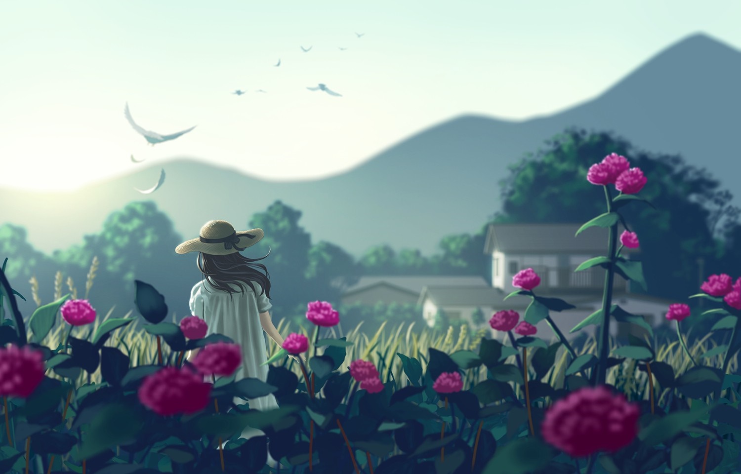 Girl in straw hat in a field of flowers HD Wallpaper