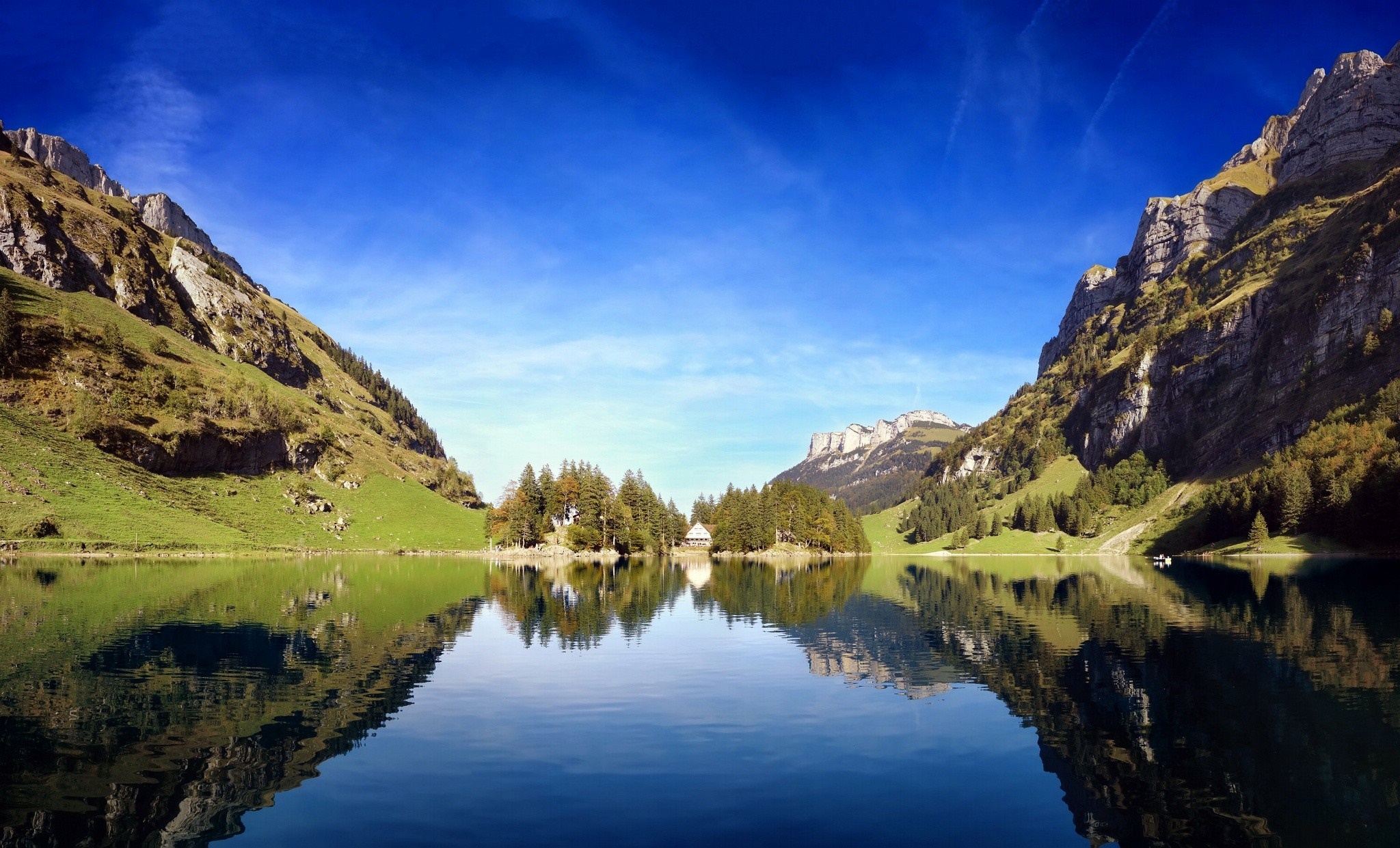 Mountain lake with trees and reflection HD Wallpaper