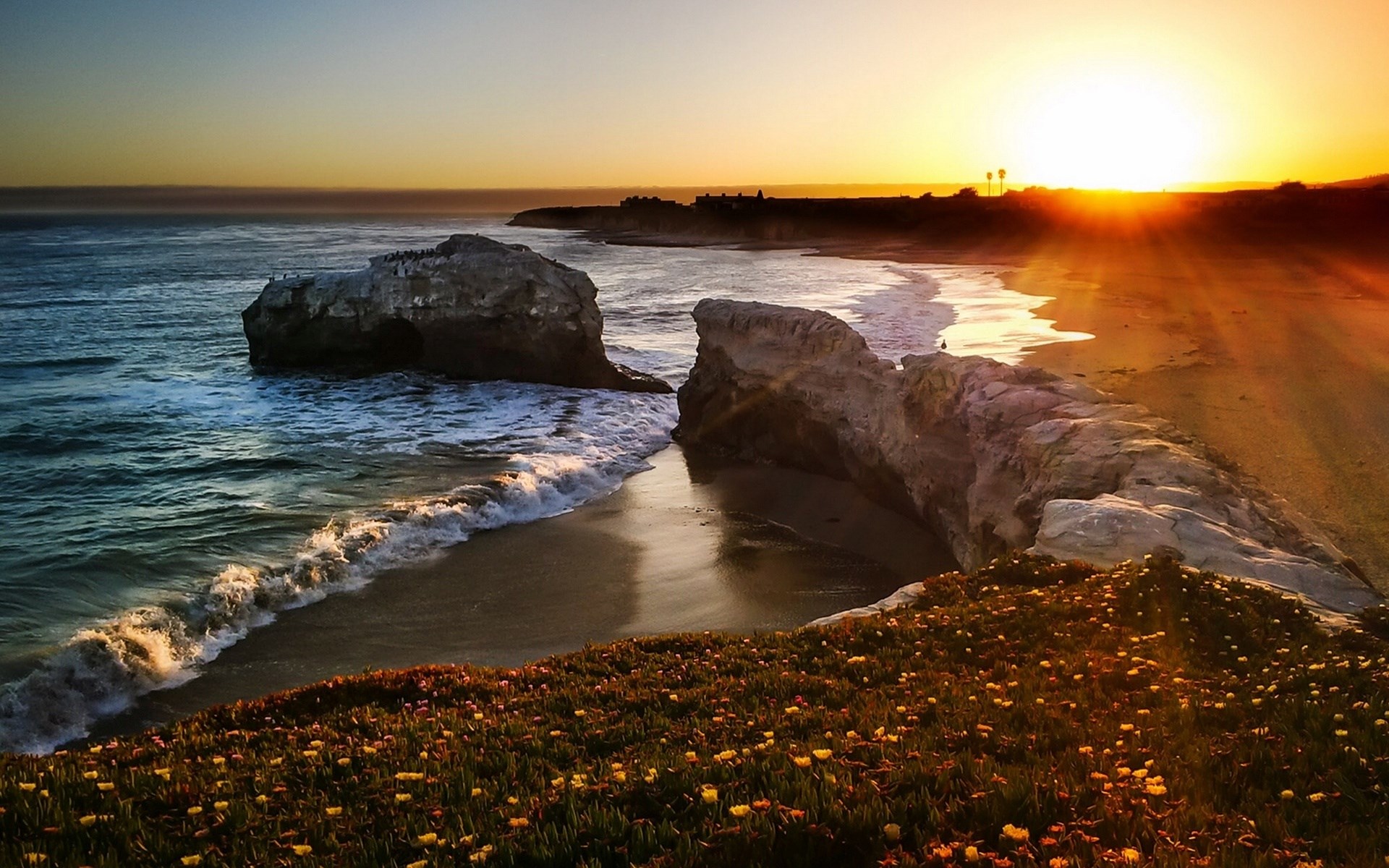 Sunset over Natural Bridges State Beach, California HD Wallpaper
