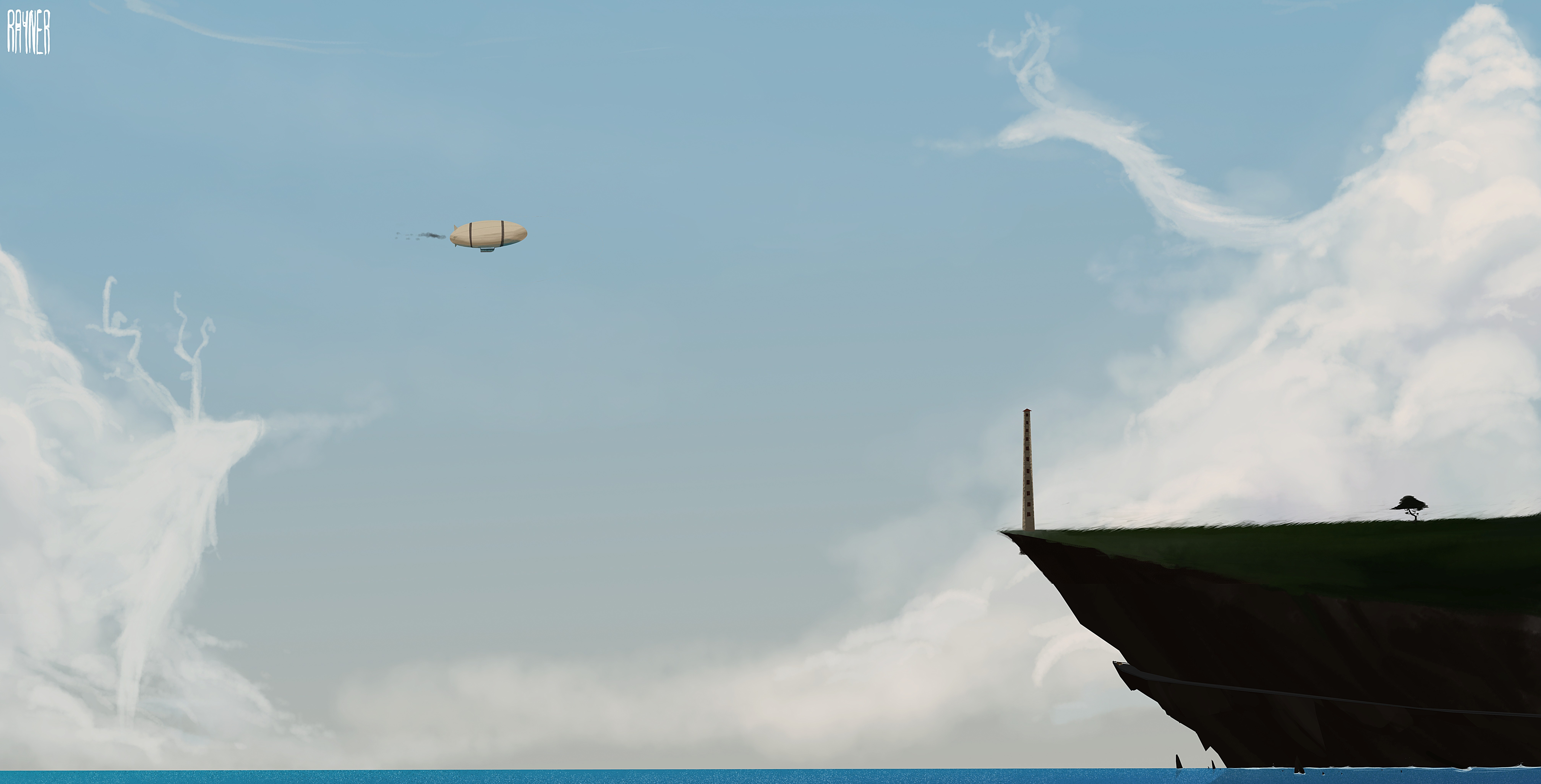 Artwork of a blimp flying over the sea and cliffs HD Wallpaper