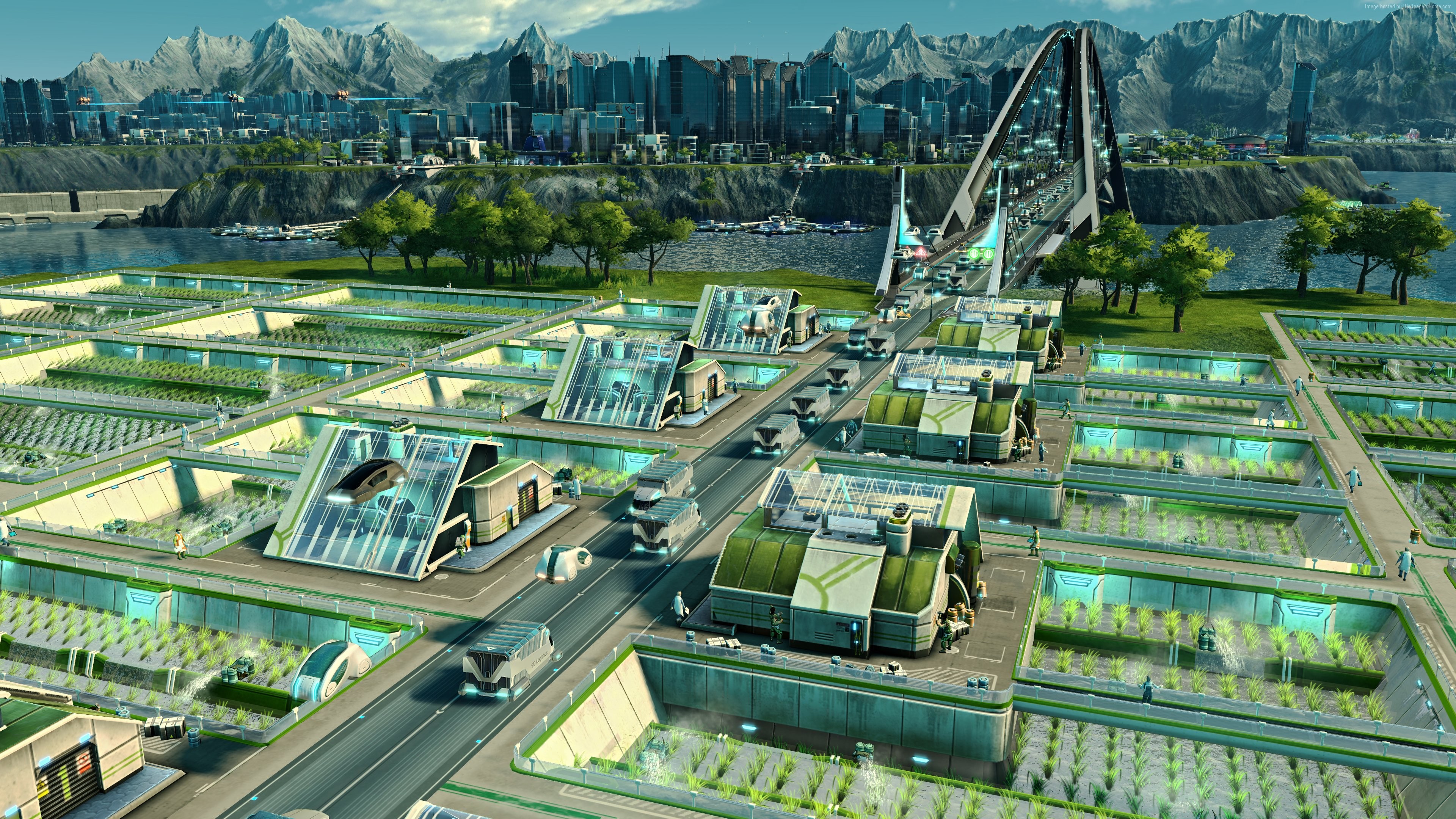 Anno 2205 futuristic city with advanced farms and bridge HD Wallpaper