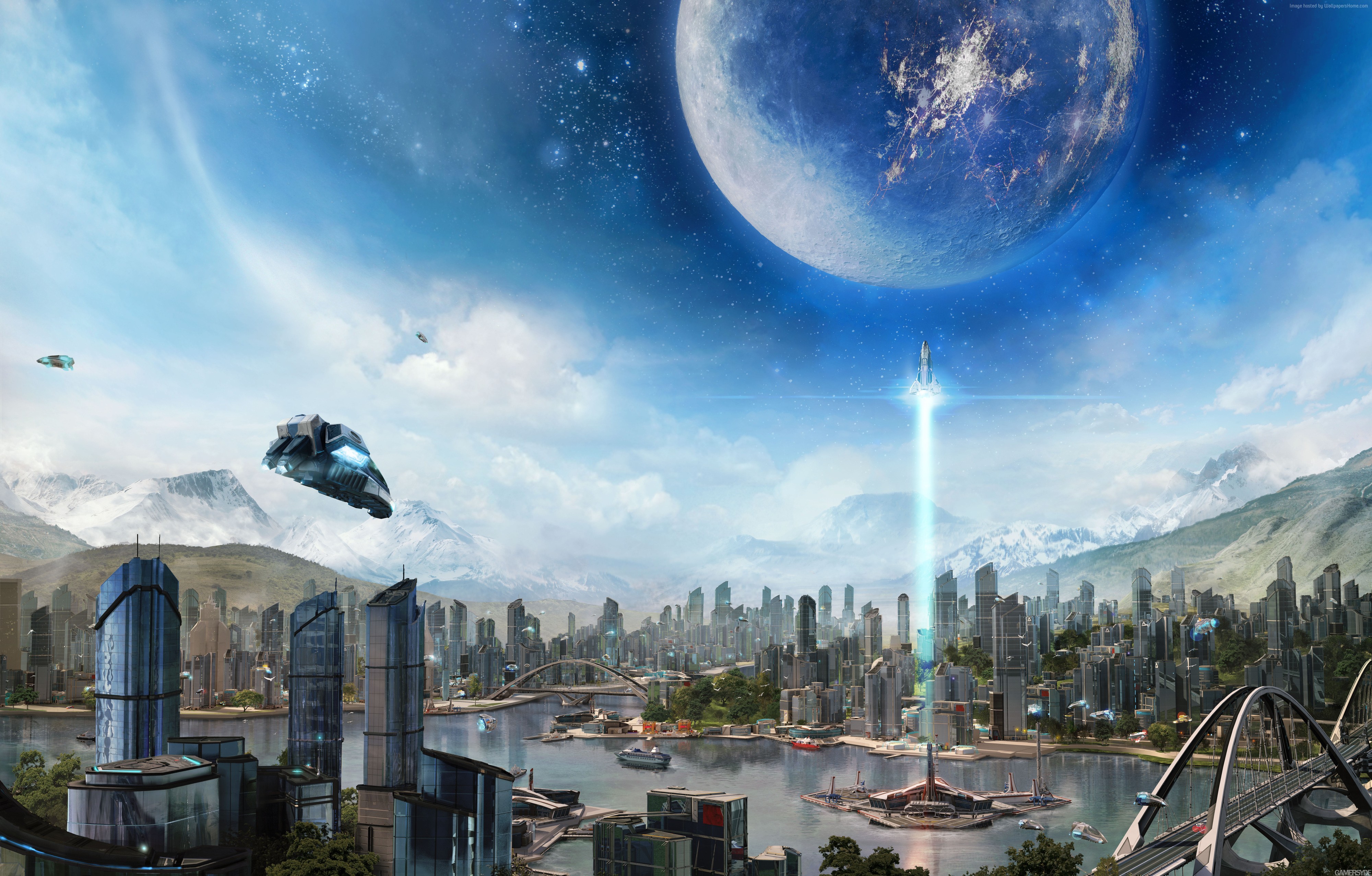 Anno 2205 Sci-Fi Cityscape with Spaceships and Planet HD Wallpaper