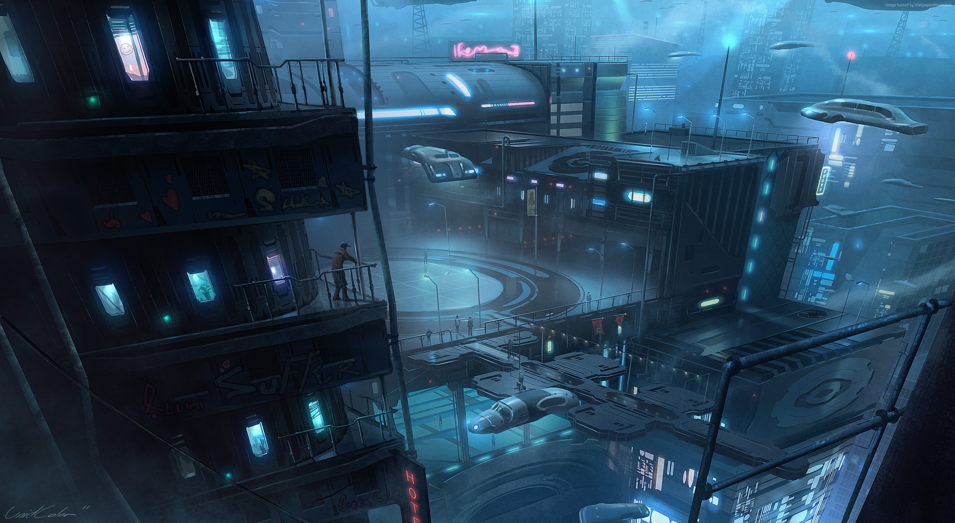 Cyberpunk city with flying vehicles and neon lights HD Wallpaper