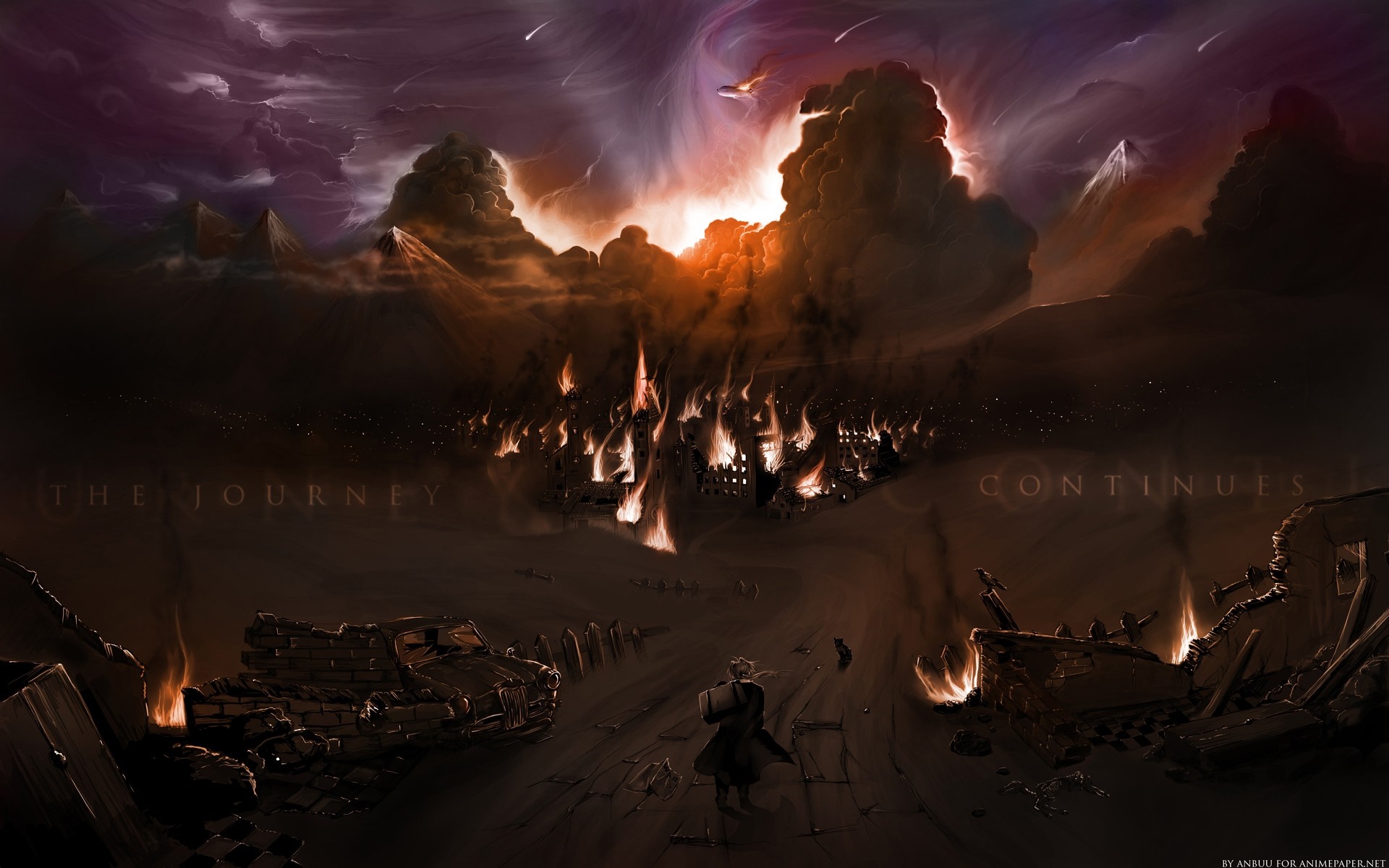Edward Elric from Fullmetal Alchemist in a burning city HD Wallpaper