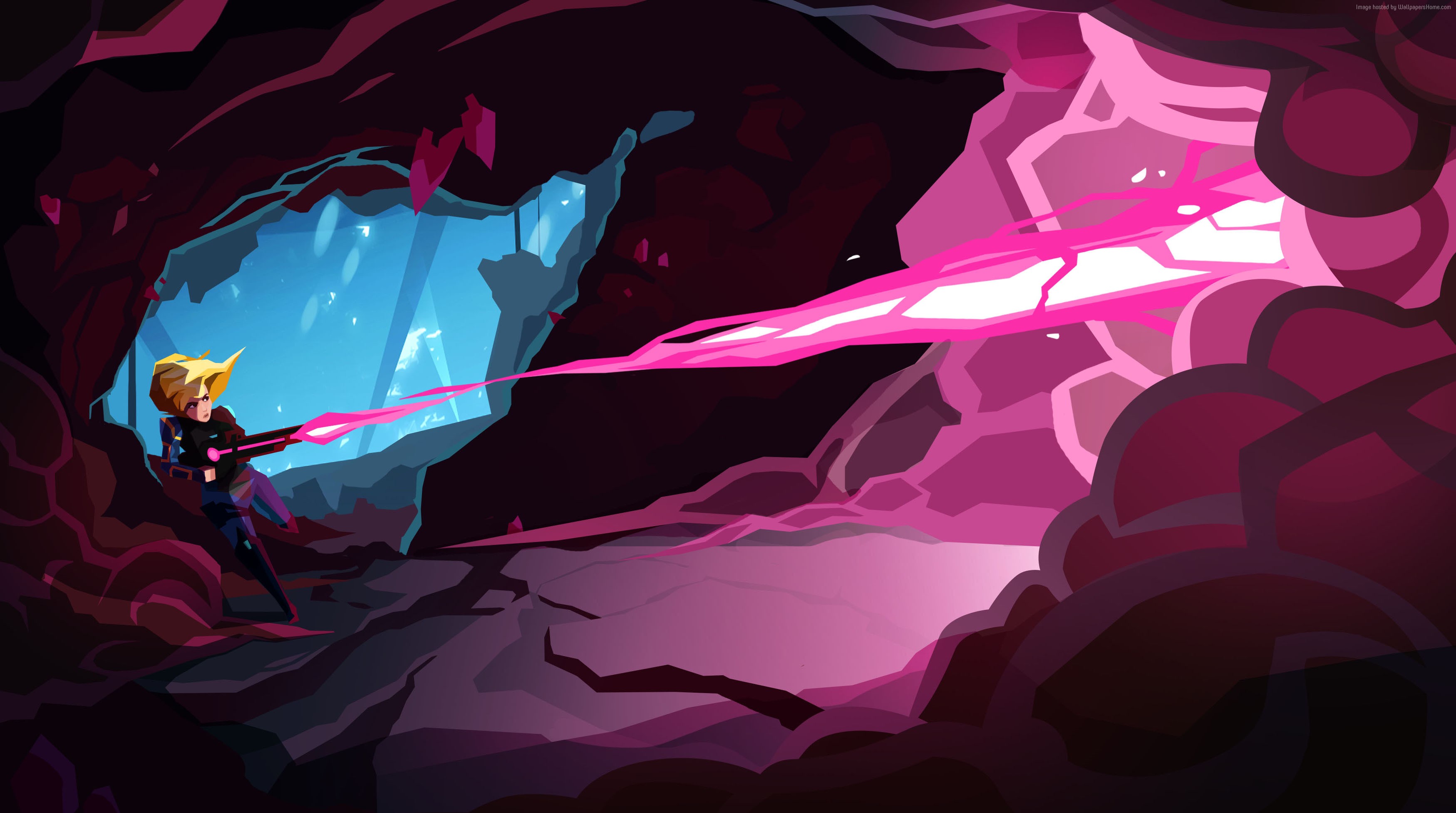 Girl with gun firing pink energy beam in cave HD Wallpaper
