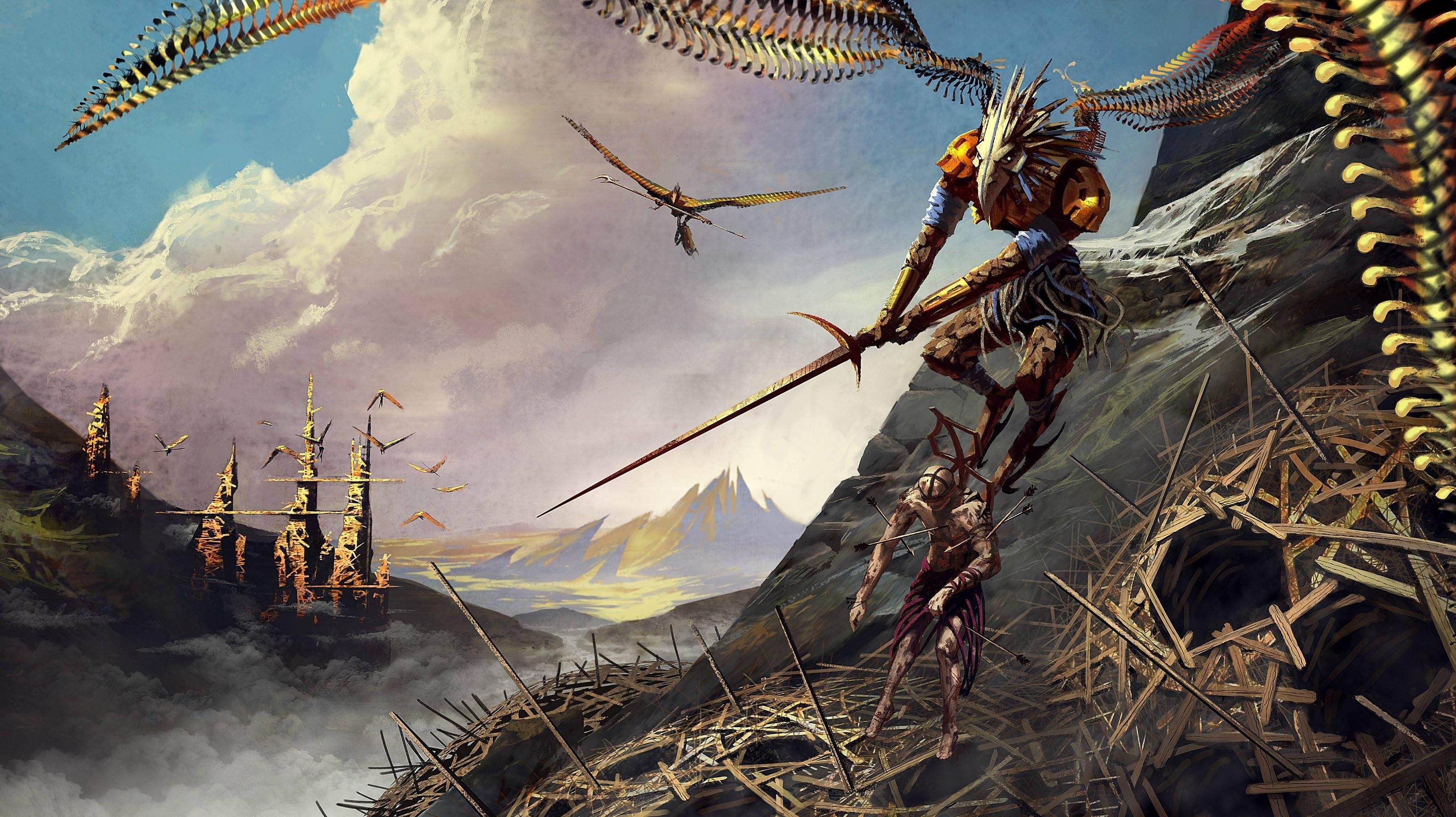 Creature with spear fighting another creature near a nest HD Wallpaper