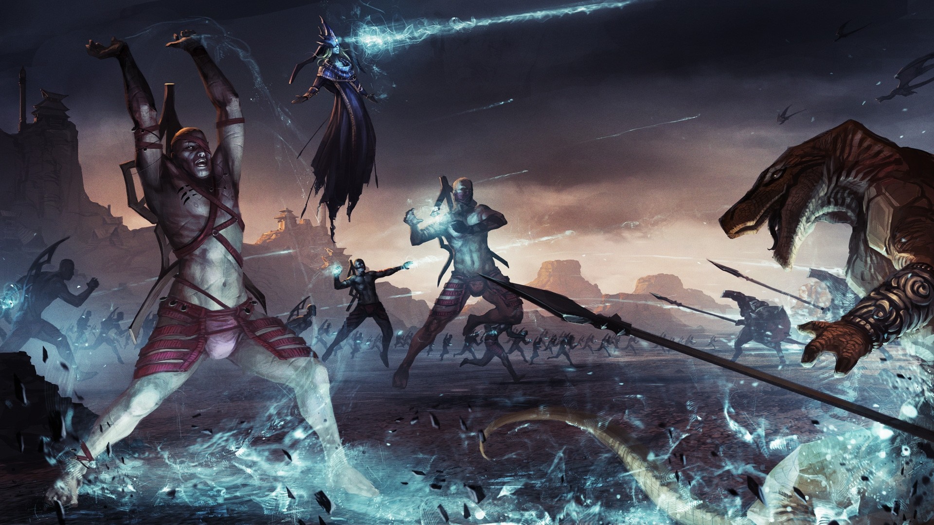Battle scene from Endless Legend with fantasy creatures and warriors HD Wallpaper