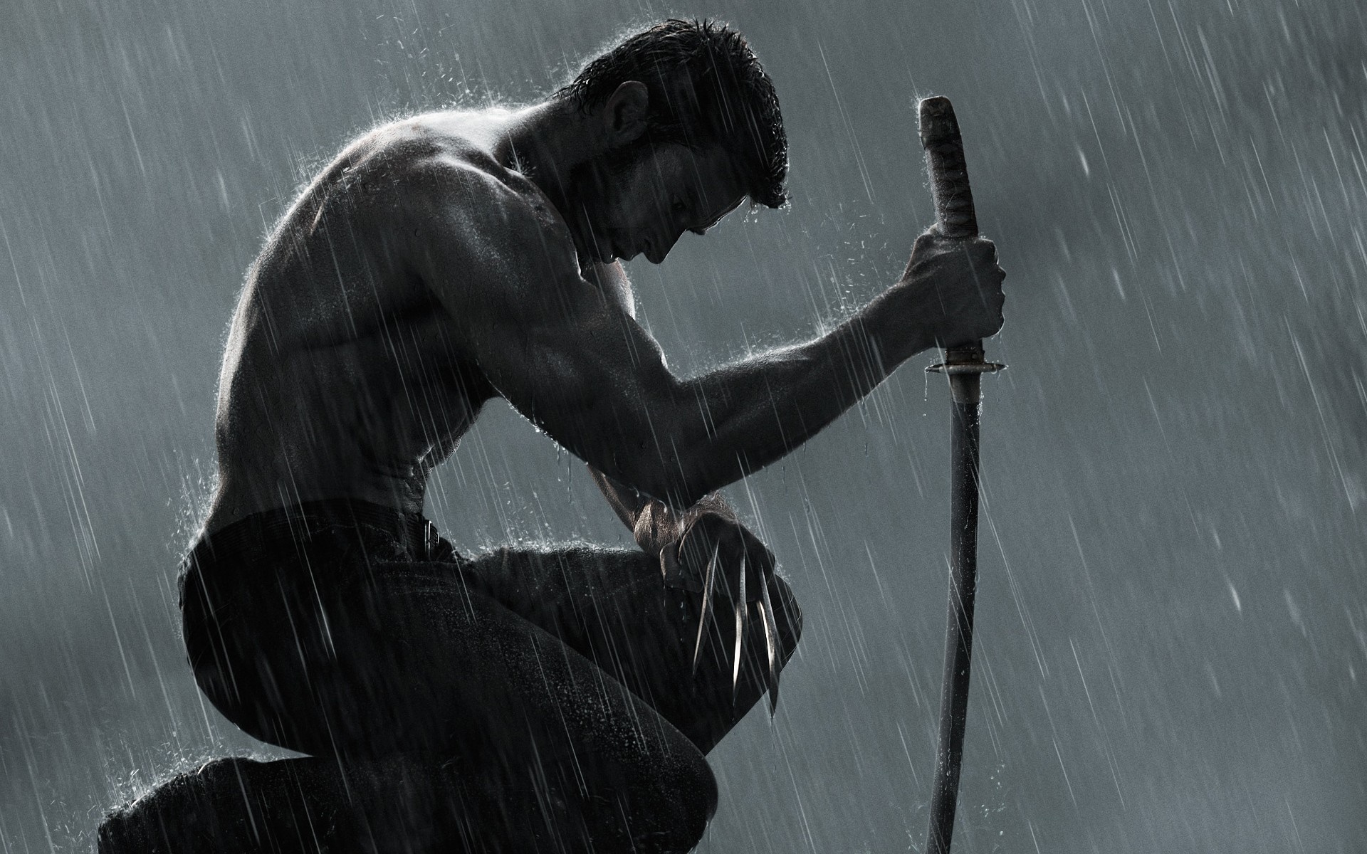 Wolverine holding a katana in the rain HD Wallpaper