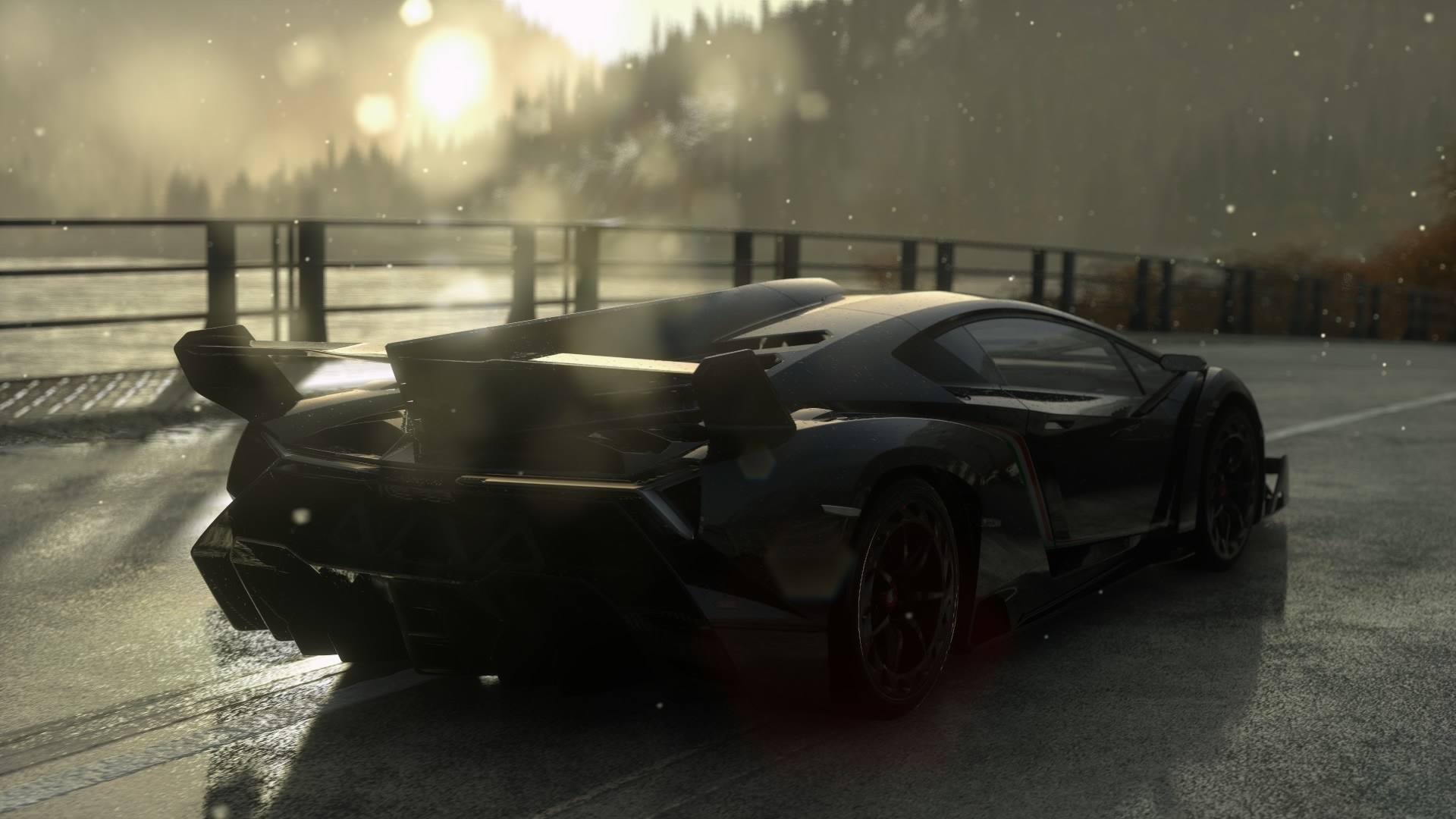 Black Lamborghini Veneno on a wet road HD Wallpaper