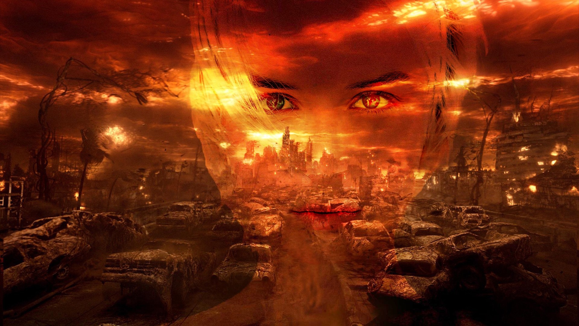 Face superimposed over a destroyed city in a wasteland HD Wallpaper