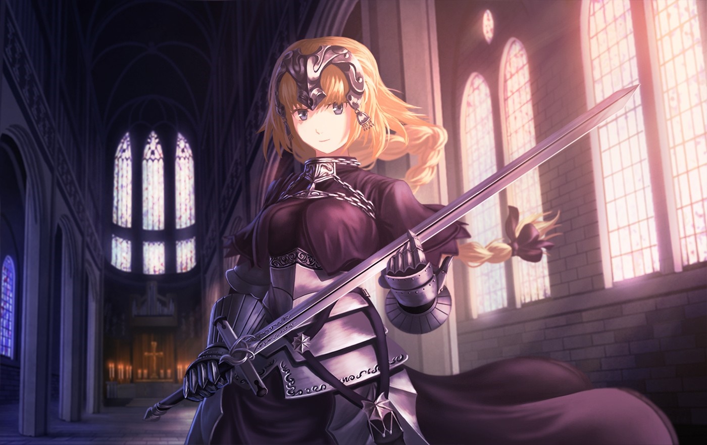 Joan of Arc from Fate/Apocrypha with a sword in a church HD Wallpaper