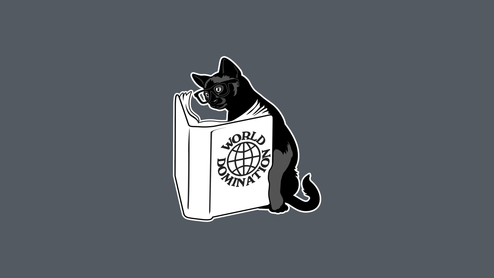 Black cat wearing glasses reading a book about world domination HD Wallpaper