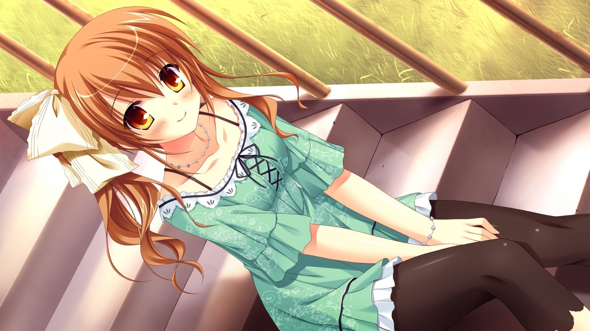 Anime girl with brown hair and green dress HD Wallpaper