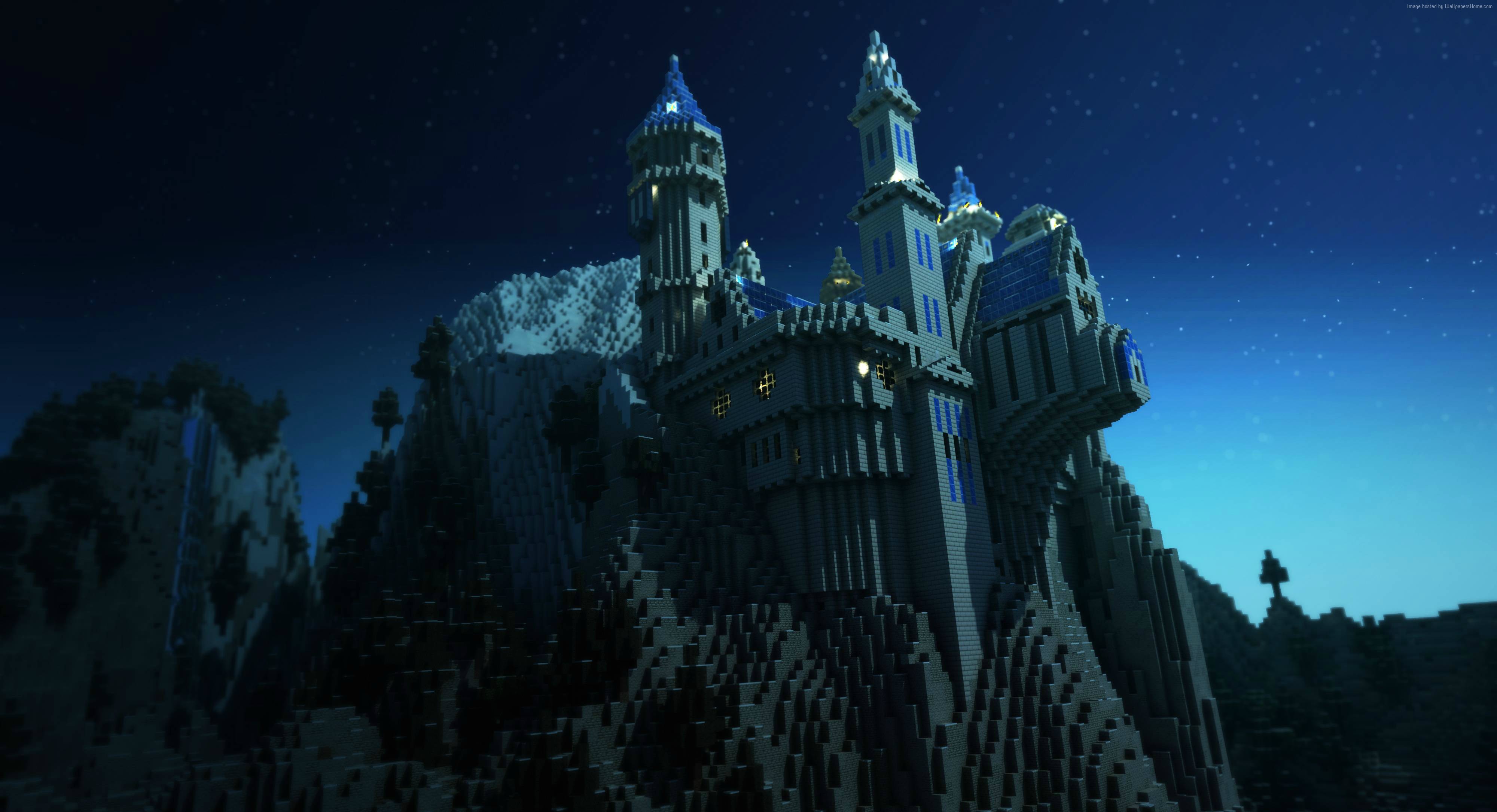 Minecraft castle on a mountain at night HD Wallpaper