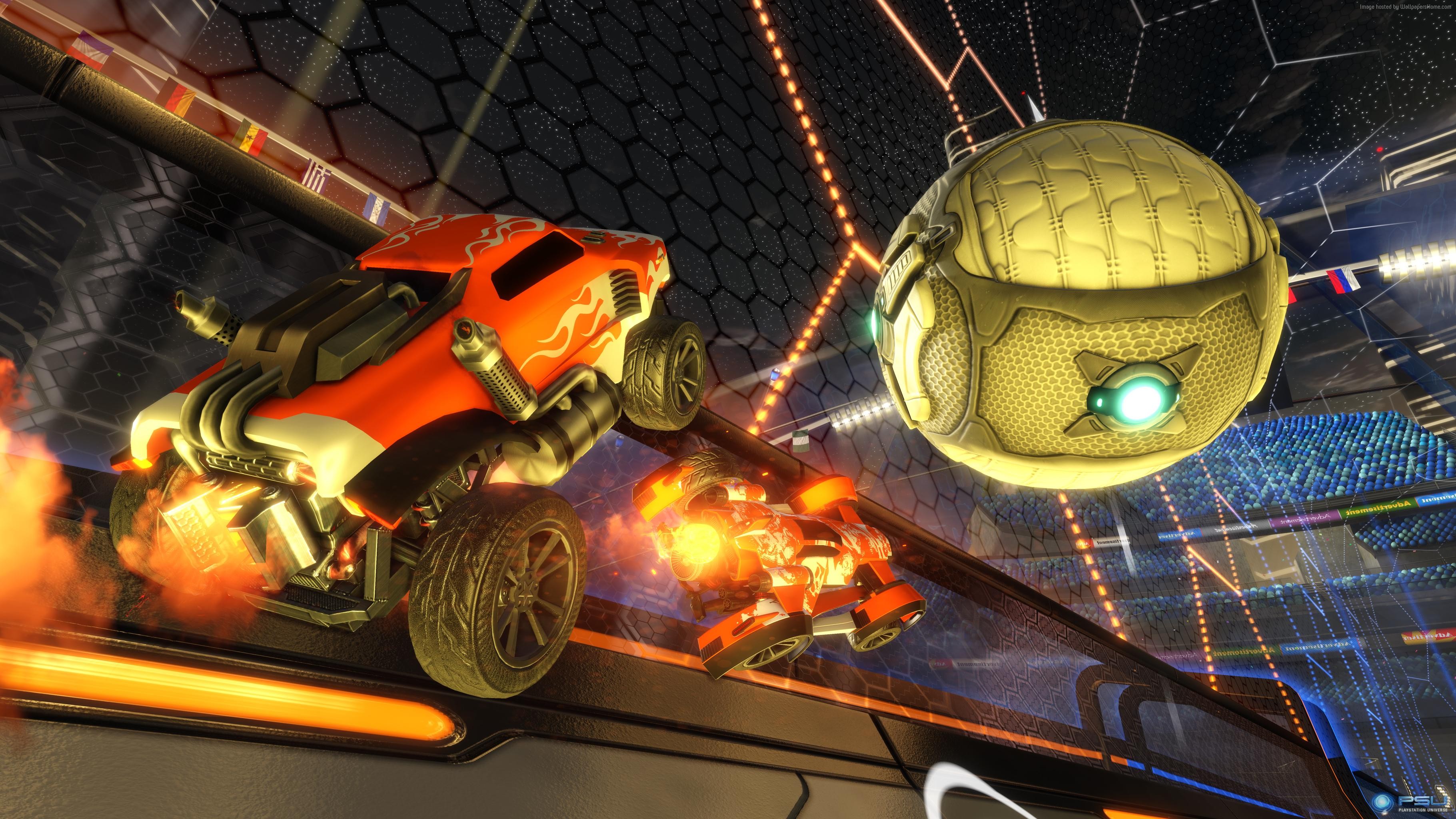 Rocket League cars and ball in arena HD Wallpaper